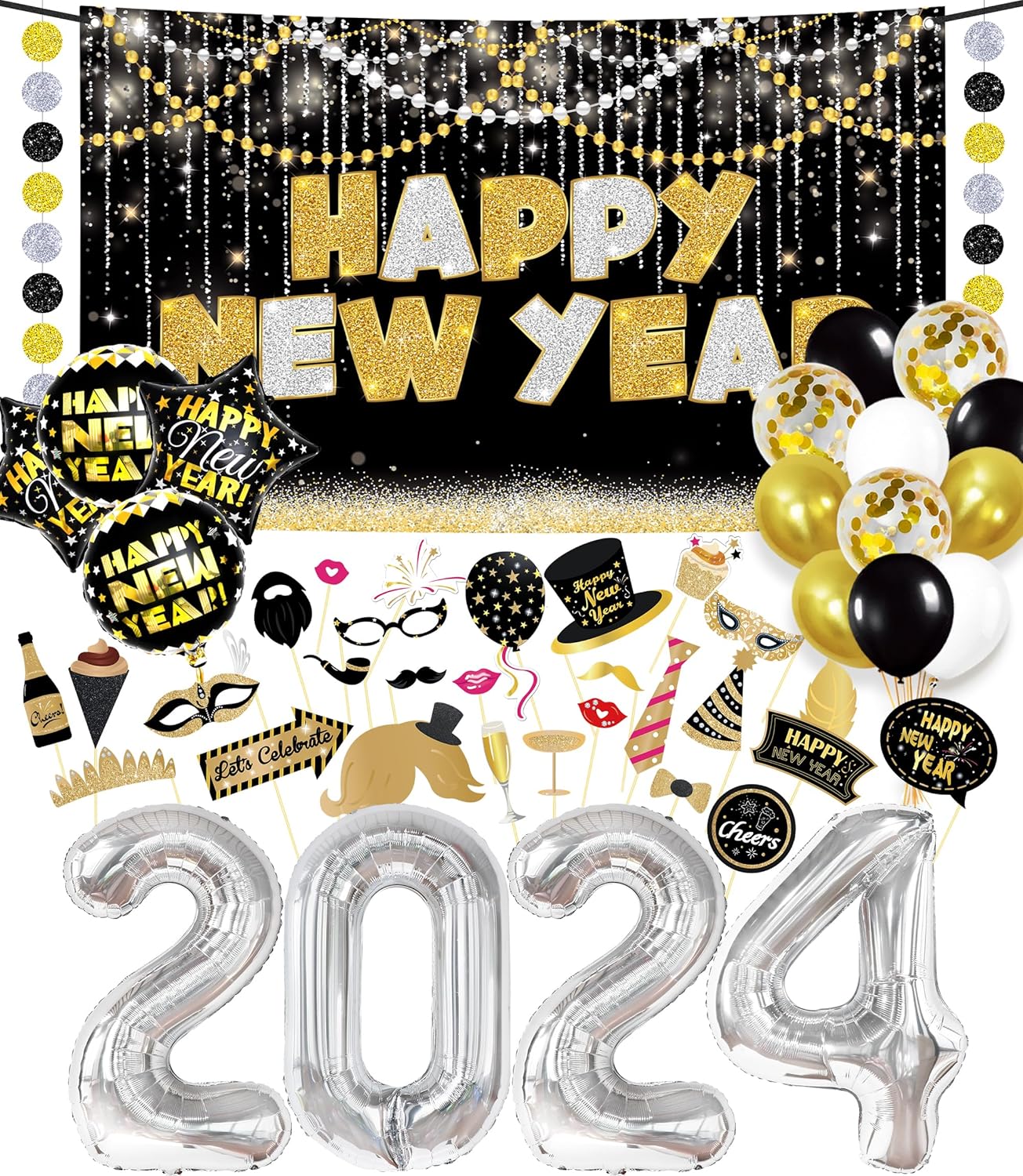 KatchOn, New Years Photo Booth Props with NYE Party Supplies 2024 | New Years Eve Photo Booth Props, New Year Banner, 2024 Balloon Numbers, New Year Balloons | NYE Decorations 2024, New Years Decor