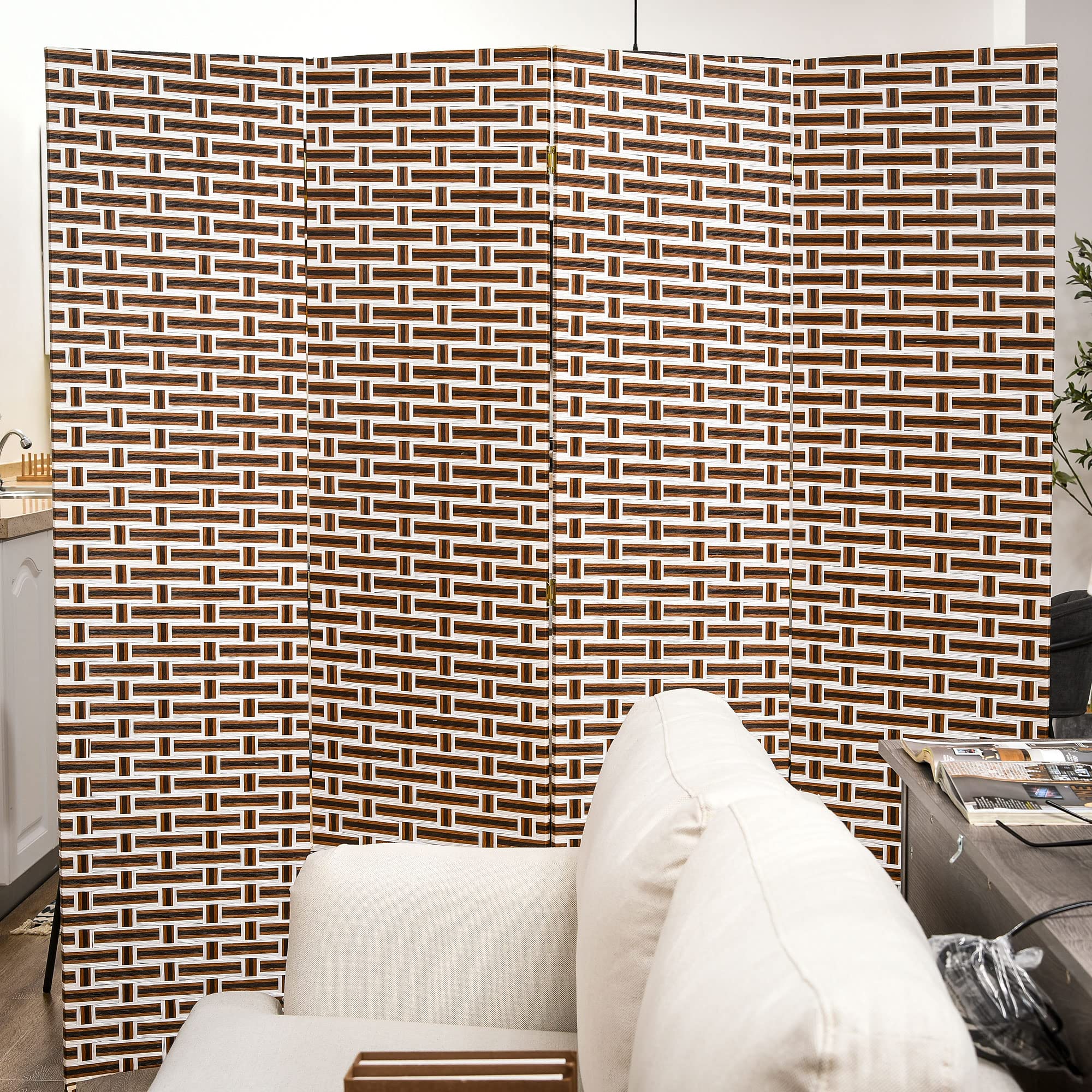 HOMCOM Divisor de Habitación de 4 Paneles Biombo Plegable 180x180 cm Separador de Ambientes Decoración Elegante para Dormitorio Salón Cocina Marrón Blanco