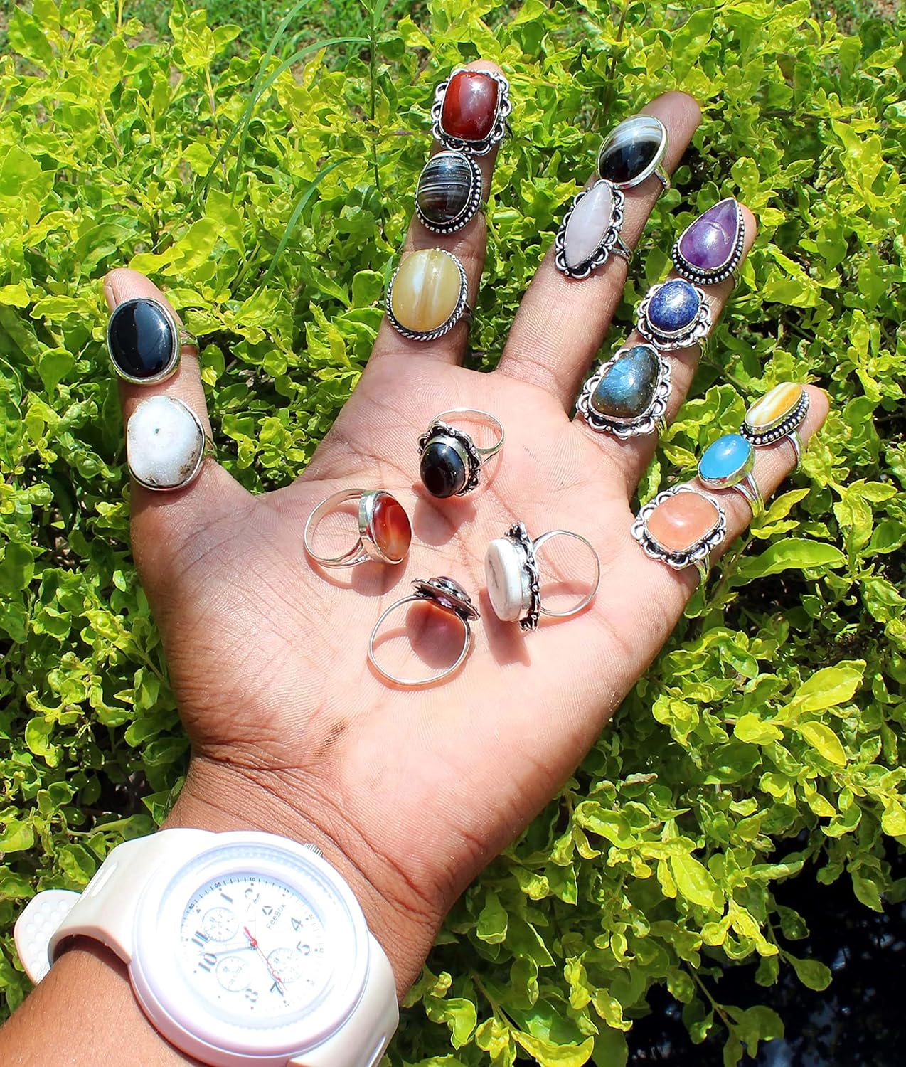 Chunky Silver Rings Pack for Women - 20 Pcs - Stackable Fashion Ring Set, Silver Plated Statement Knuckle Handmade Gemstone Gothic Vintage Rings for Women