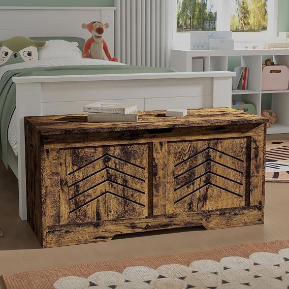 Blisswood Toy Storage Box with Lid & Safety Hinges, Wooden Storage Chest Trunk, Large Blanket Box, Storage Bench & Toy Organizer (Rustic, 100 x 48 x 40 Cm)