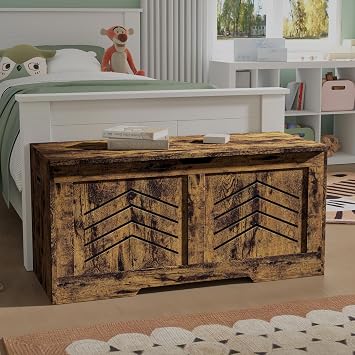 Blisswood Toy Storage Box with Lid & Safety Hinges, Wooden Storage Chest Trunk, Large Blanket Box, Storage Bench & Toy Organizer (Rustic, 100 x 48 x 40 Cm)
