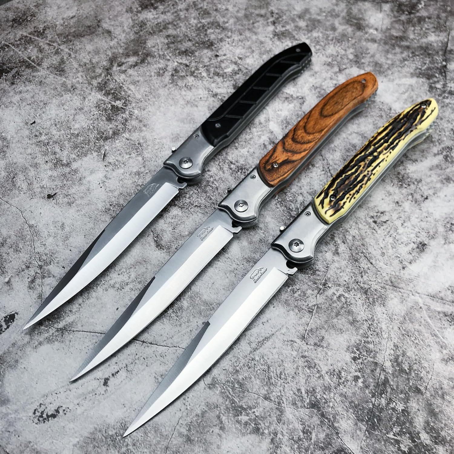 Premium Folding Hunting Knife, 12.2 Inch Full Length, 440C Steel Blade, 3 Handle Options - Black G10, Wood, Yellow Resin (Black G10 handle)