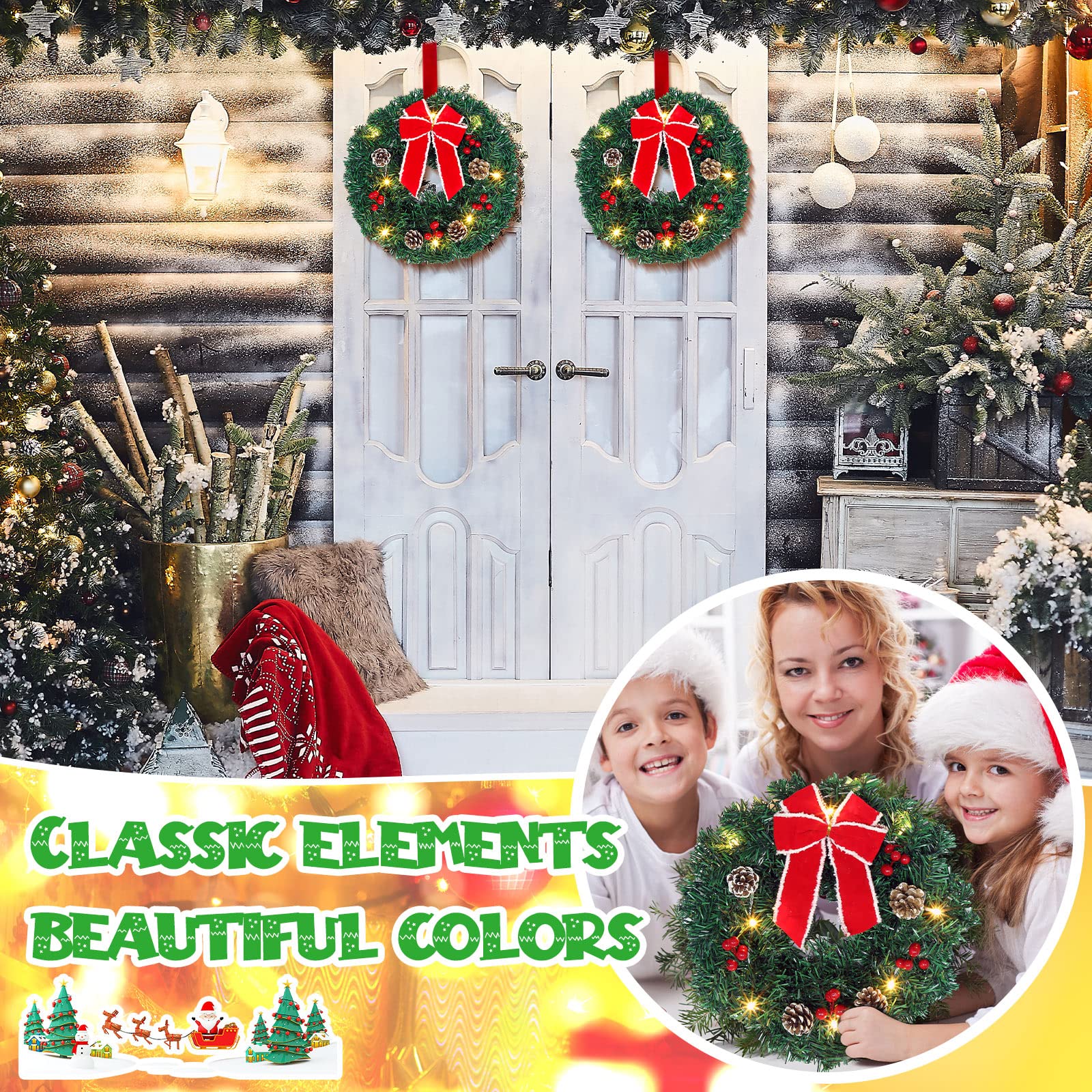 Jexine 4 Set Lighted Christmas Wreath with Large Red Bow Ornaments Pre Lit Small Xmas Wreath LED Christmas Wreath Artificial Lighted Door Wreath for Holiday Wall Hanging Party Decor (12 Inch)