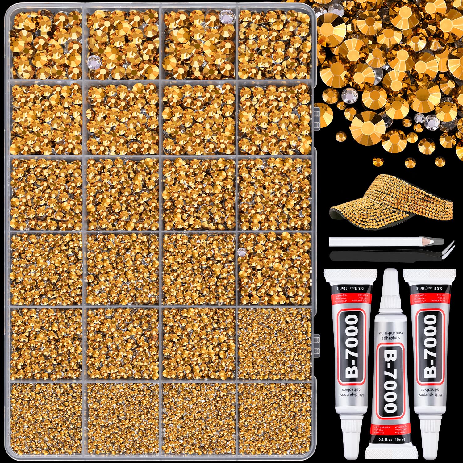 25000Pcs Resin Rhinestones with B7000 Jewelry Glue for Crafting, White AB 2-6mm Non Hotfix Flatback Gems, Bedazzling Crystal for DIY Crafts Clothing Tumblers Mugs Shoes Fabric Decor Nail Art