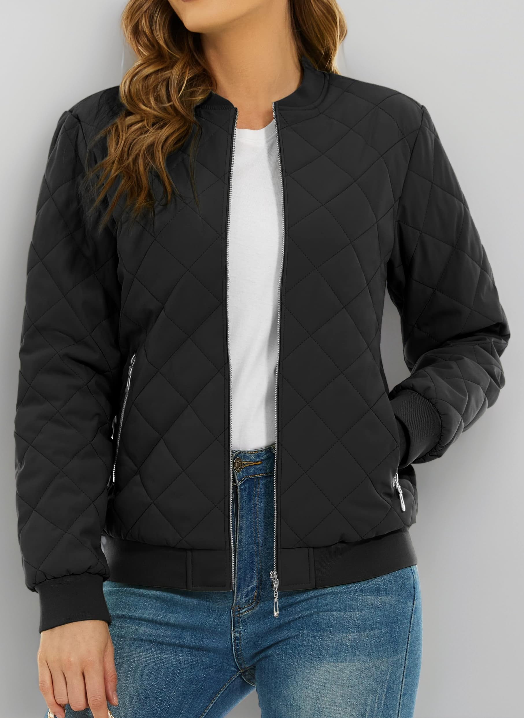 TACVASEN Quilted Jacket for Women Cotton Padded Bomber Jackets Casual Flight Jacket with Zip Pocket Thermal Winter Coat, Black, L (TAC-507-L23W904-Black-XL)