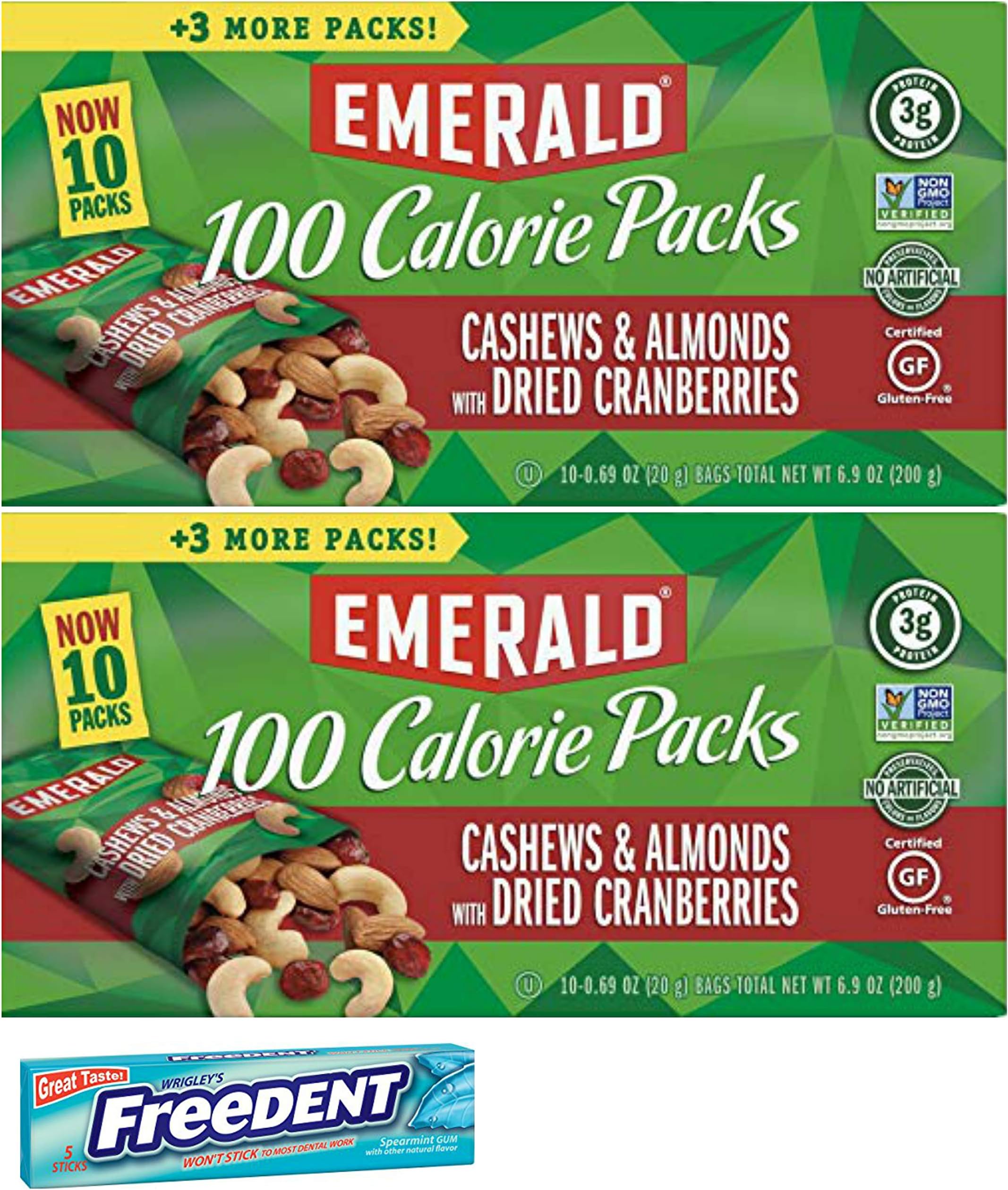Emerald 100 Calorie Cashews Cranberries Roasted and Salted Snack Pack. Convenient Shopping For 2 Boxes of Individually Wrapped Single Serve Emerald Nuts. Includes 5 Piece Gum Sample.