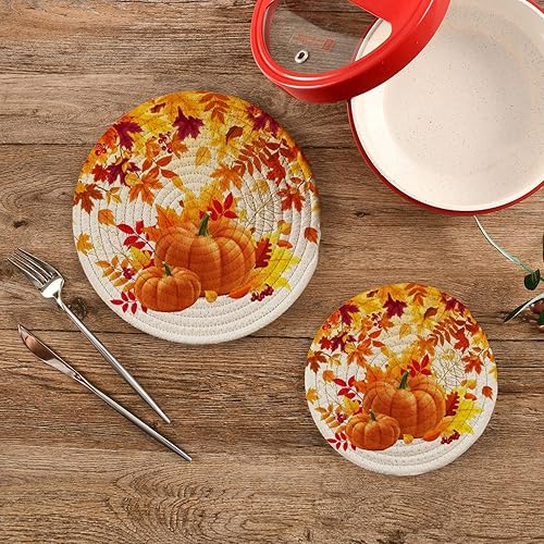Miniatura 2 de Salvamanteles de calabazas amarillas, 2 unidades, hojas de otoño, redondas, tejidas, para mesa de cocina, protector de encimera, almohadillas