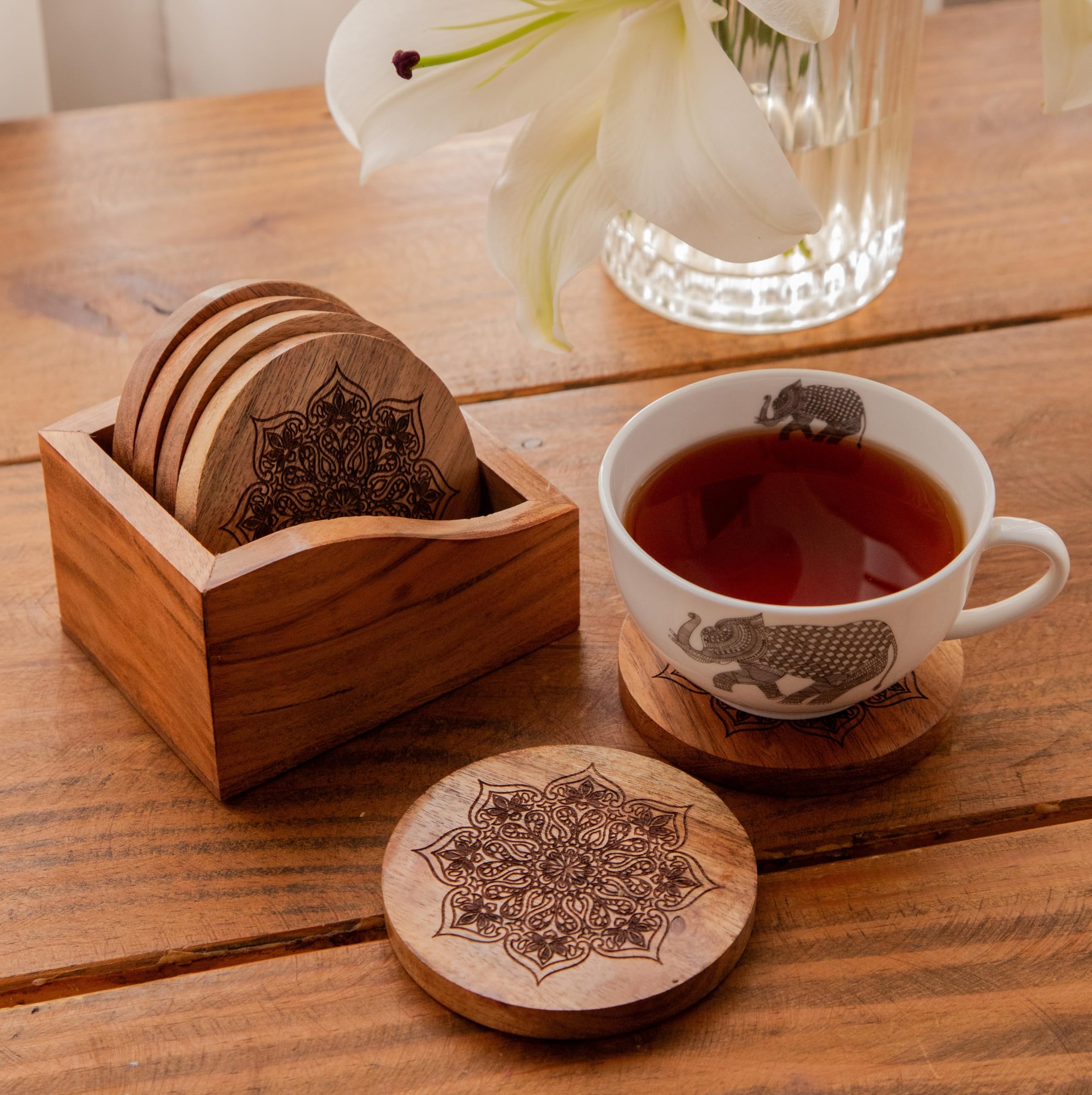 Octavius Mystic Lotus Round Sesham Wood Coasters with Holder – Handcrafted Coaster Set of 6 | Lotus Mandala Engraved | Heat-Resistant Table Protectors | Eco-Friendly Gift for Home & Office.-image-2