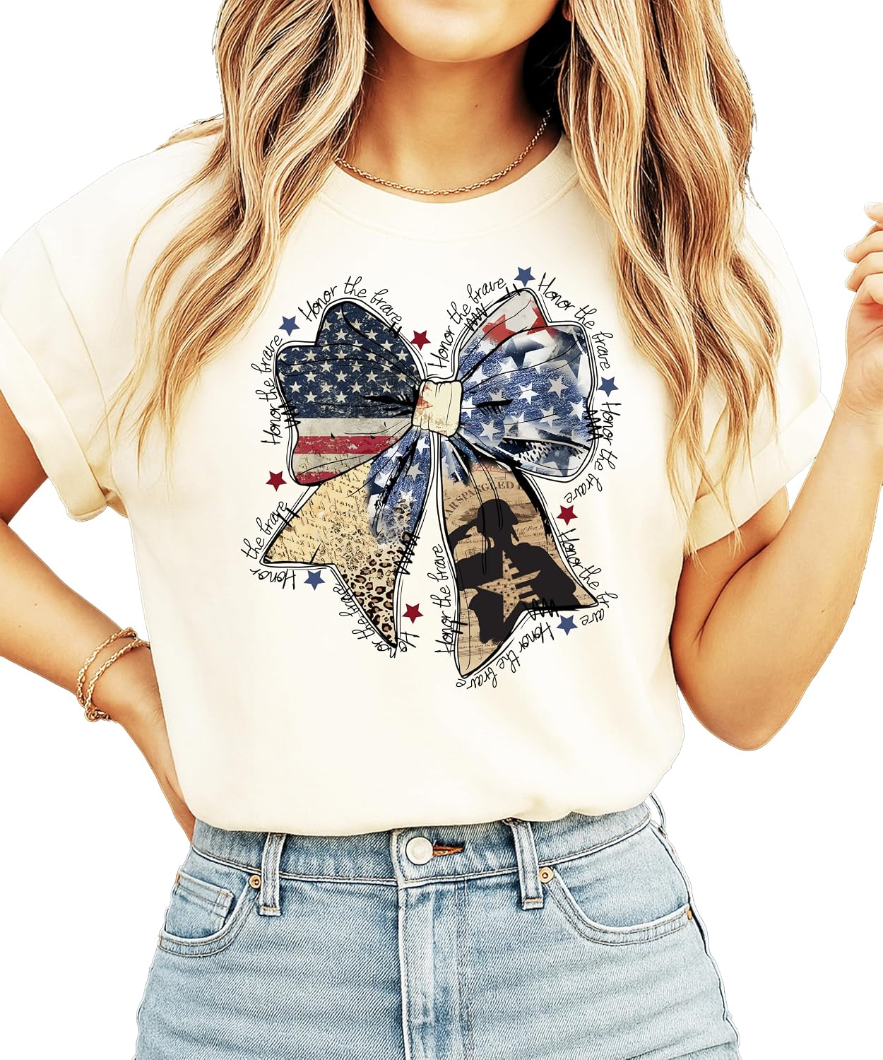 Honor The Brave Shirt for Women & Teens Patriotic Military Bow Graphic Tee