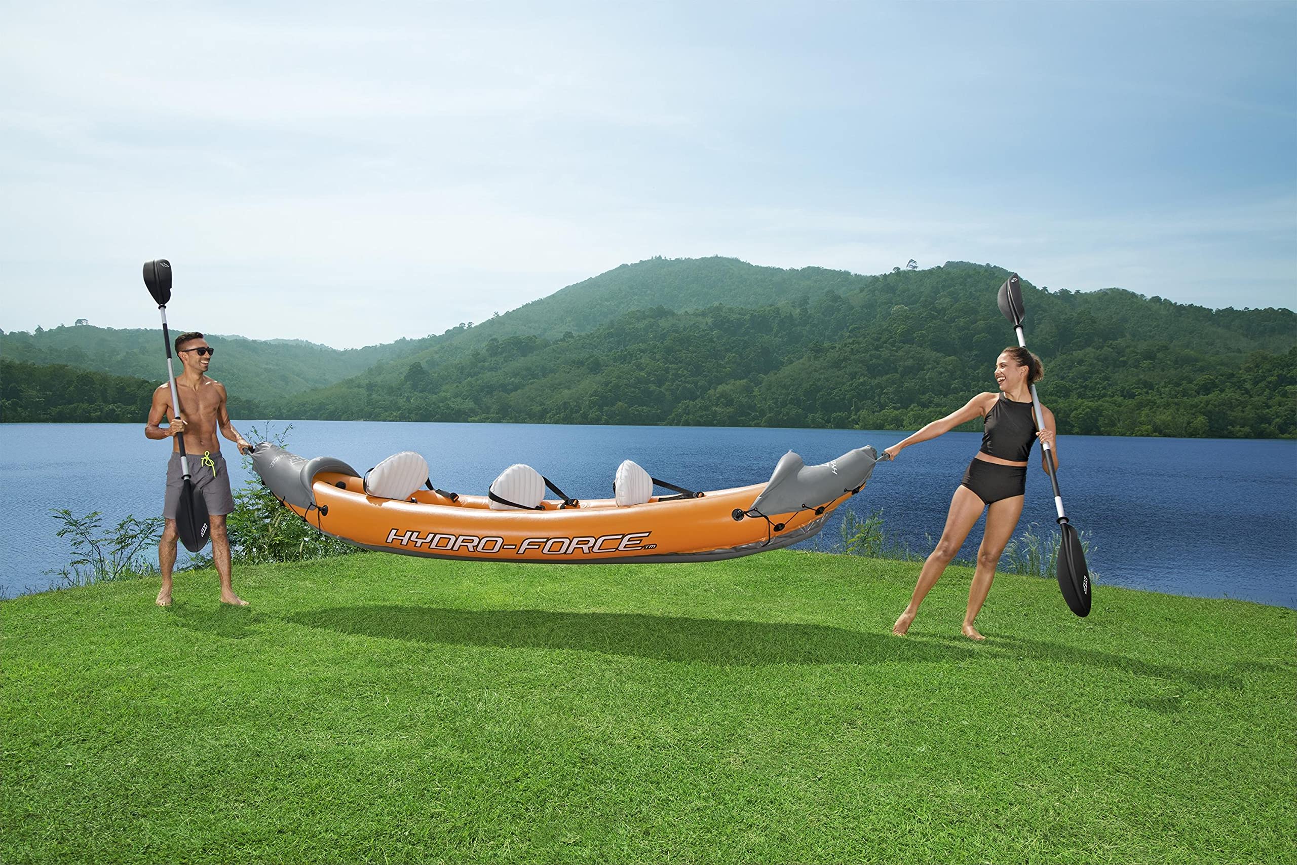 Bestway | Hydro-Force Rapid X3 Kayak| Inflatable Boat Set with Hand Pump, Paddles, Seats, Fins and Storage Bag | Three Seater