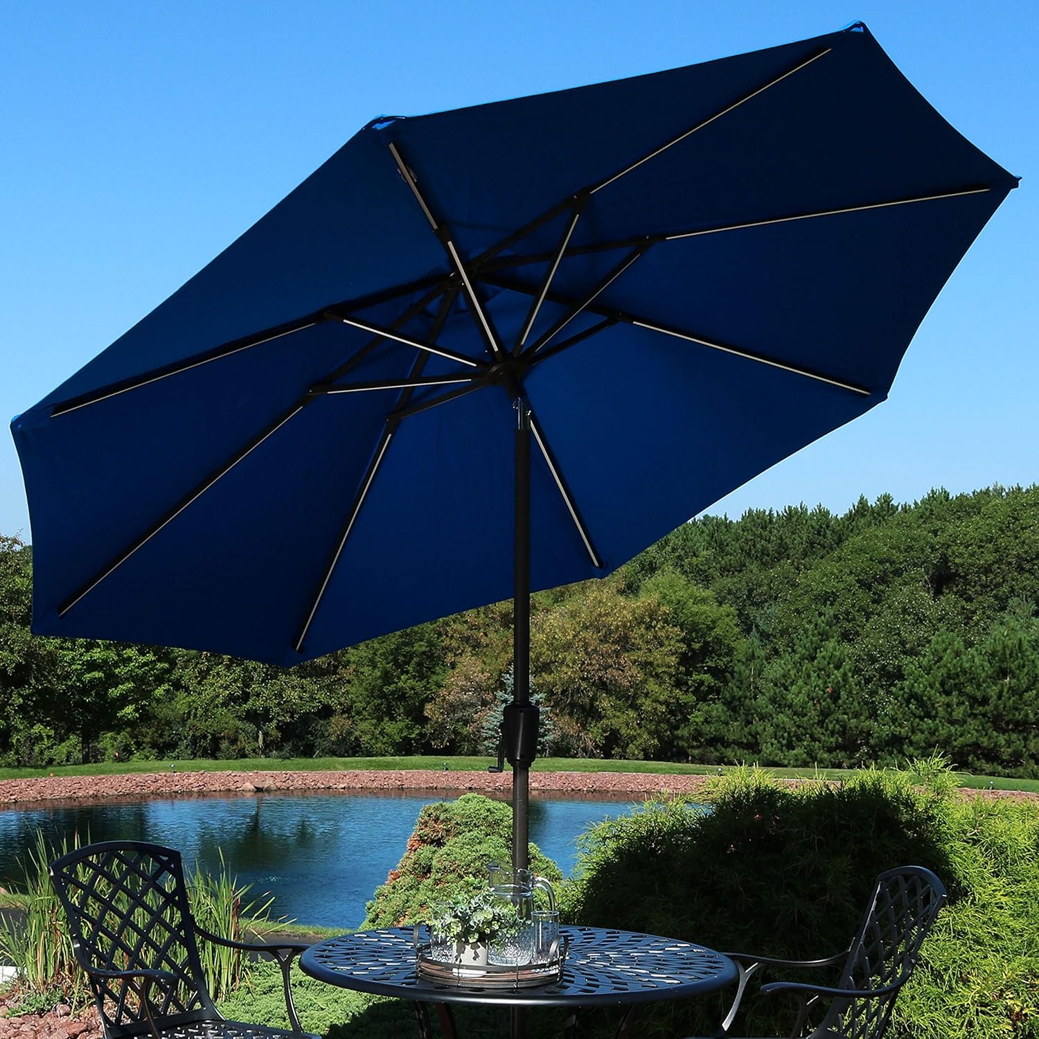 Sunnydaze 9-Foot Sunbrella Tilting Patio Umbrella with Solar LED Light Bars - Pacific Blue