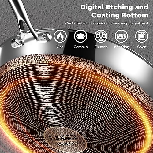 Miniatura 3 de Sartén Wok de Acero Inoxidable de 13 Pulgadas, Woks y Sartenes para Saltear Antiadherentes, Sartén Wok con Tapa para Inducción, Eléctrica, Gas,