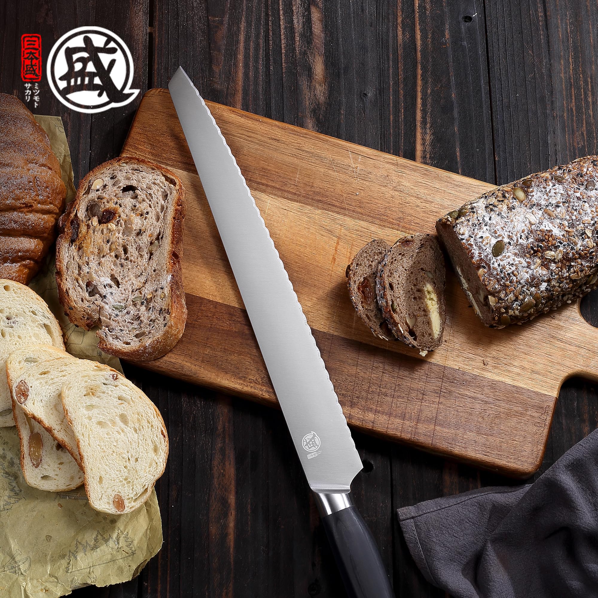 MITSUMOTO SAKARI 30 cm Doppelschneidiges Edelstahl Brotmesser | Extrem Scharfer Japanischer Professioneller Wellenschliffmesser, Geeignet Für Brot, Bagels Und Kuchen , Pakkawood Griff