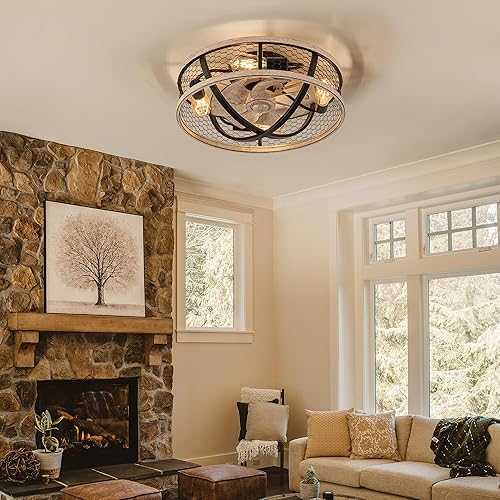 Vista 6 de WWM 20'' Flush Mount Caged Ceiling Fan with Light, Low Profile Farmhouse Ceiling Fans with Remote, 3 Speeds,Reversible Motor Fan for Small Space,Fan