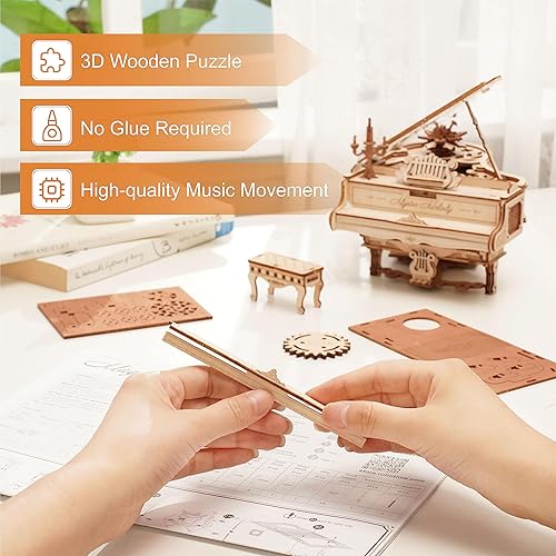 Miniatura 2 de RoWood Rompecabezas 3D para adultos, caja de música de bricolaje, regalos, kits de modelo de piano mágico de madera, rompecabezas mecánicos de