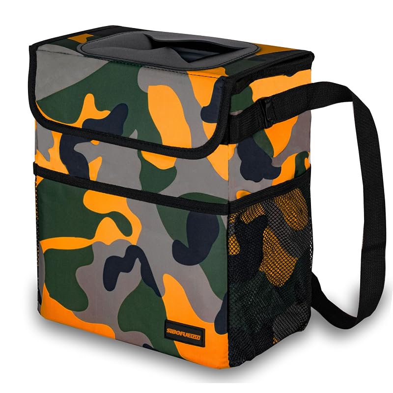 Lixeira para Carro SIBOFUEGO Dobrável com Tampa, Impermeável, Camo Orange, 7,6 L
