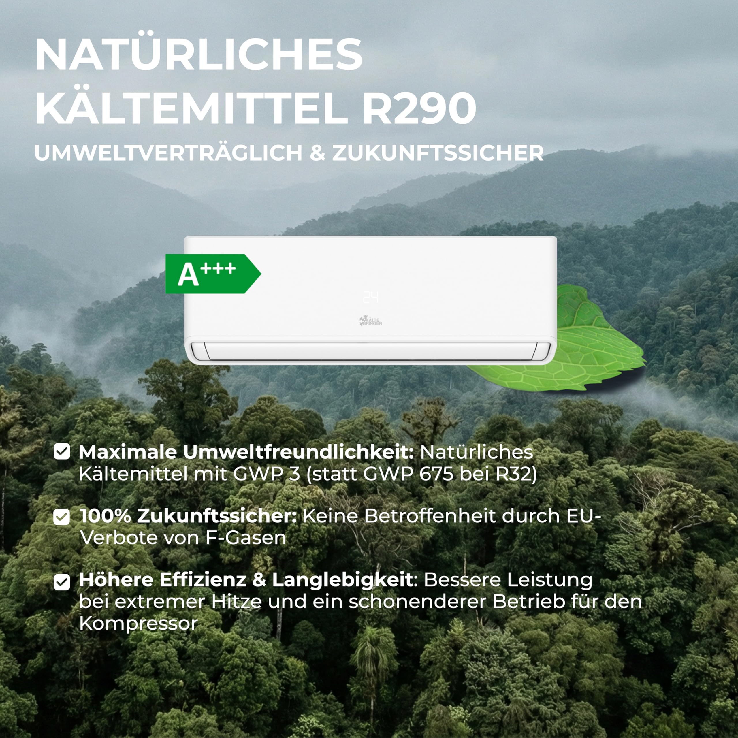 Kältebringer Split Klimaanlage 12000 BTU 3,7 kW R290 Kältemittel Heizfunktion WiFi App bis 60m² A+++
