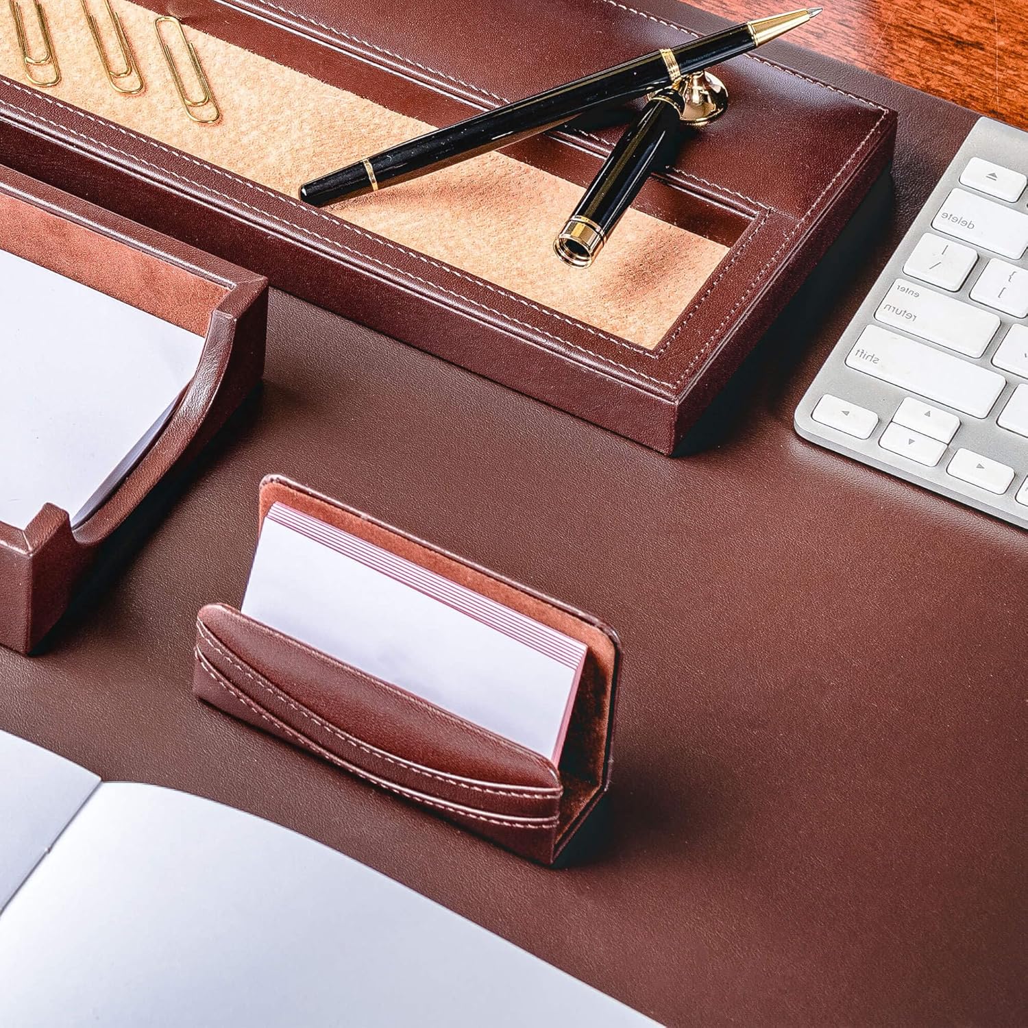 Dacasso Chocolate Brown Leather Luxury 8 Piece Desk Set - Blotter Pad & Desk Mat Organization Essentials - Executive Decor and Surface Protector