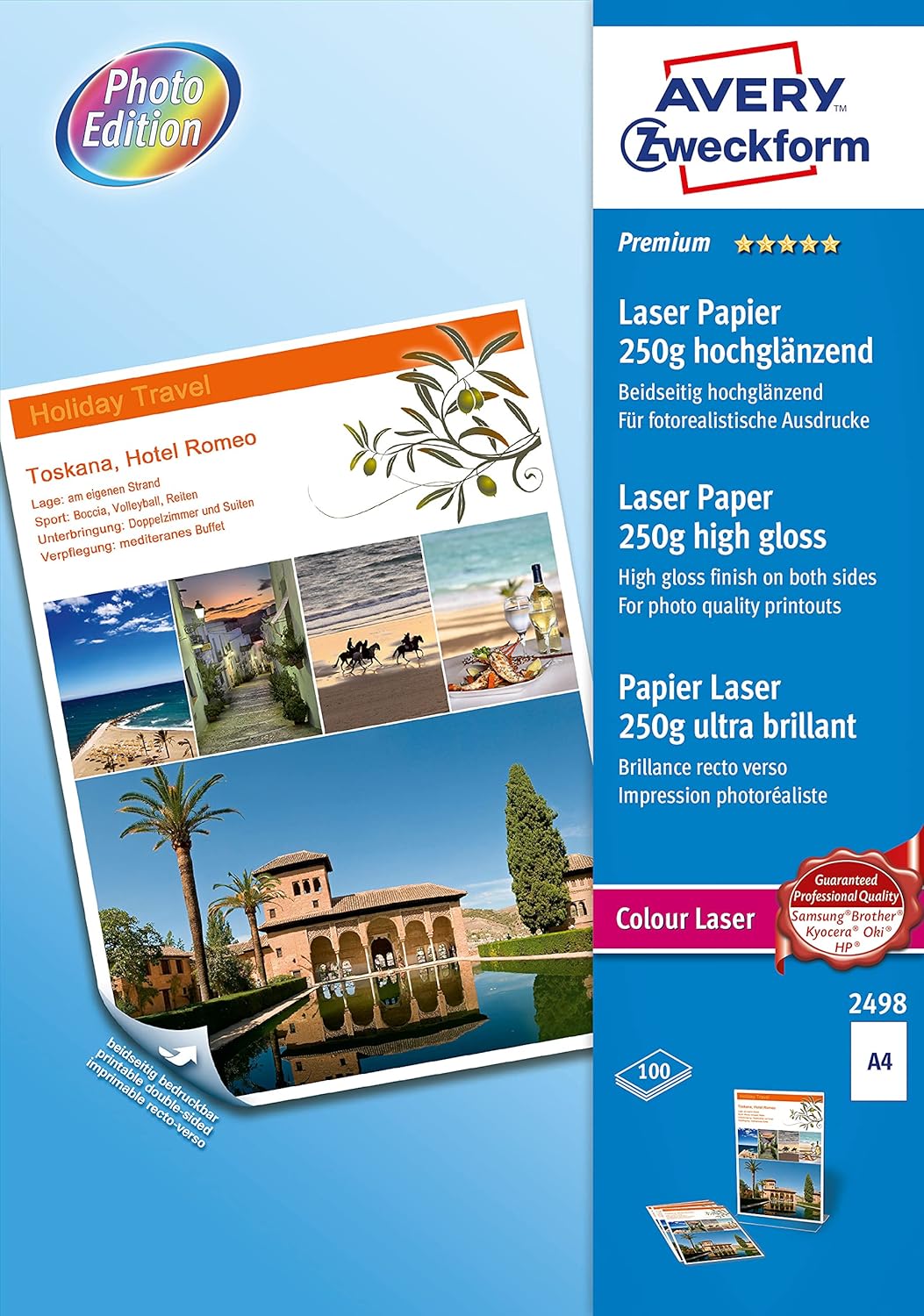 Avery 2498 Premium 250 gsm Glossy A4 Photo Paper for Laser Printers