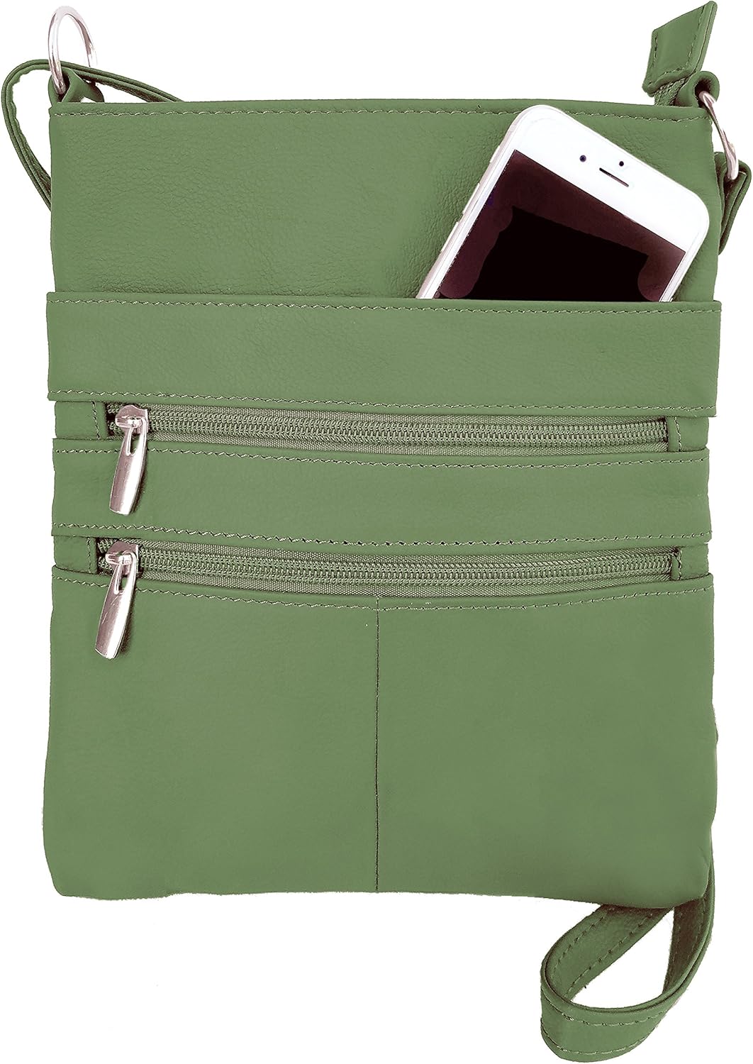 Roma Leathers Mini Cross Body Purse - Multi Pocket Double Zipper Handbag - Premium Olive Green Leather - Adjustable Shoulder Strap - Convenient Travel Bag - Designed in the U.S.A.