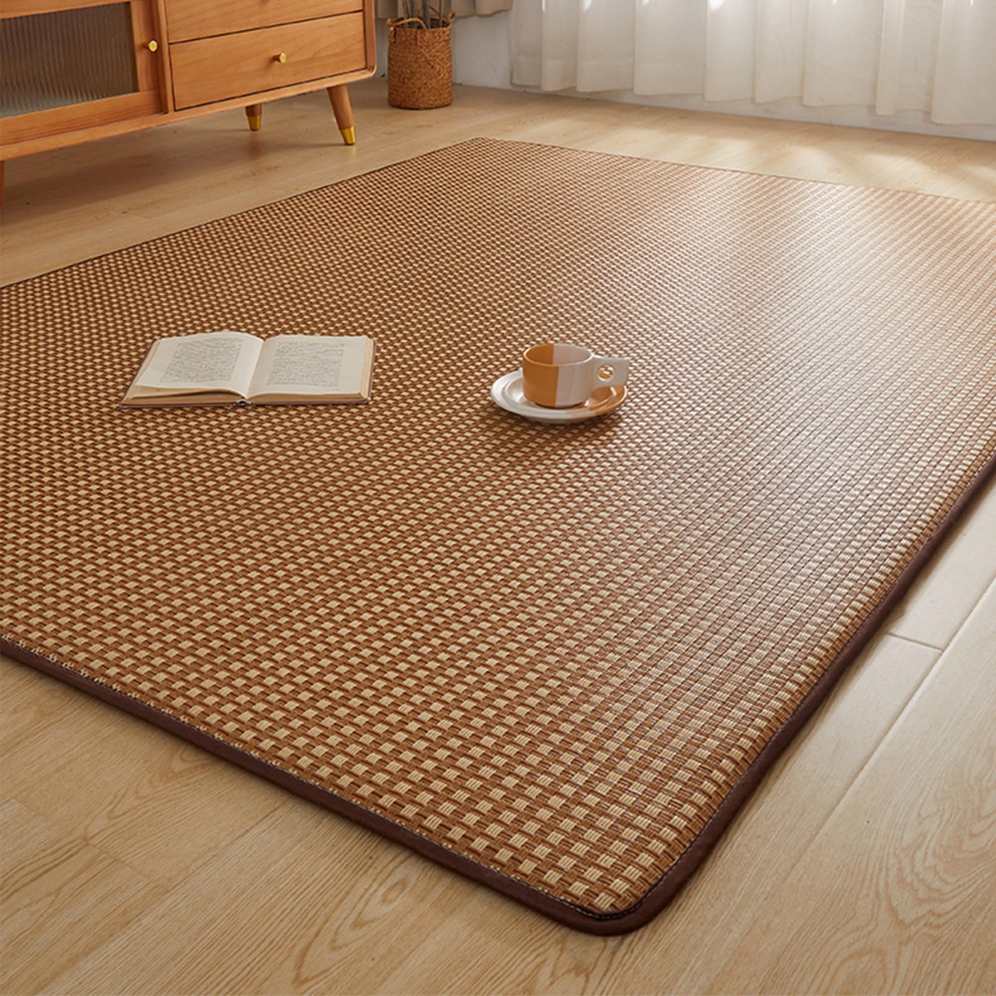 Japanese Futon Mattress,Foldable & Portable Floor Sleeping Mat,Rattan mat,Tatami mat for Meditation Yoga Zen(Light brown,200X220cm)