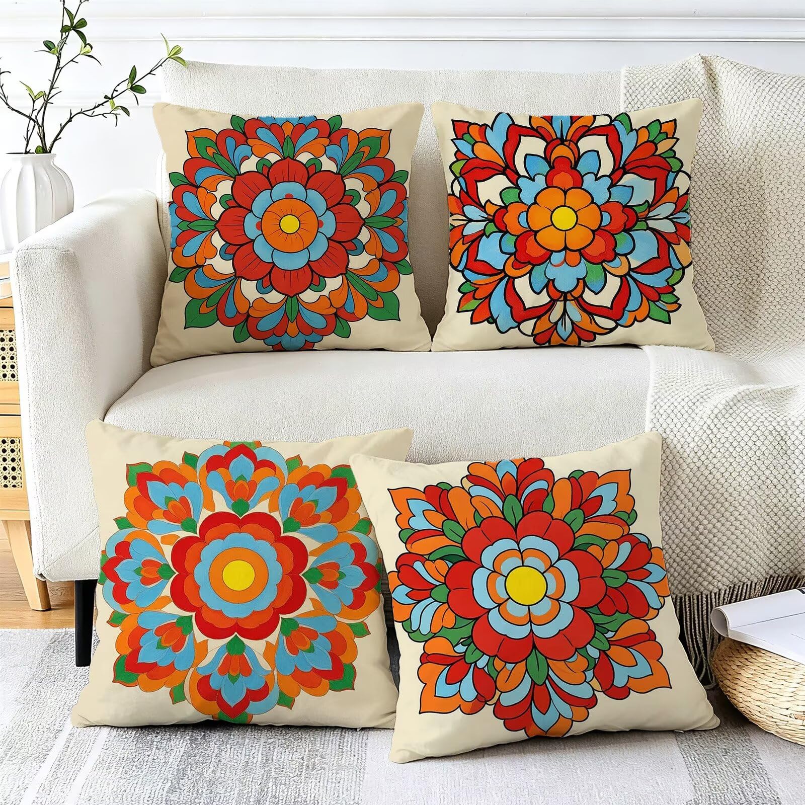 Czerwona poszewka na poduszkę 50 x 50 cm zestaw 4 poduszek outdoorowych | Retro lniana poszewka na poduszkę do salonu, poduszka ozdobna, na sofę, boho, do użytku na zewnątrz, 50 x 50 cm