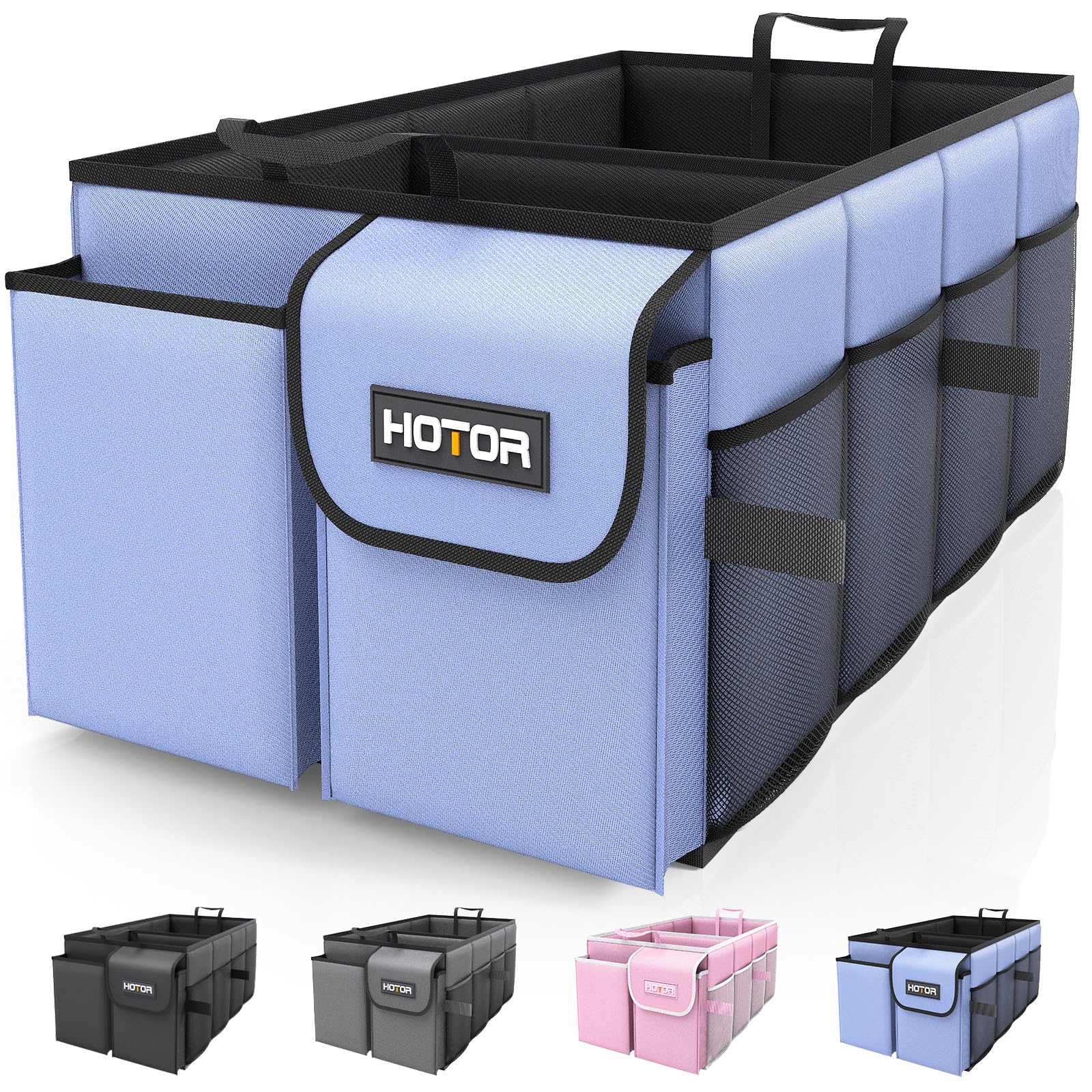 HOTOR Large-Capacity Trunk Organizer - Foldable for SUVs & Sedans, Sturdy Organization for Car Accessories, Tools, Sundries, Blue, 2 Compartments, US11032