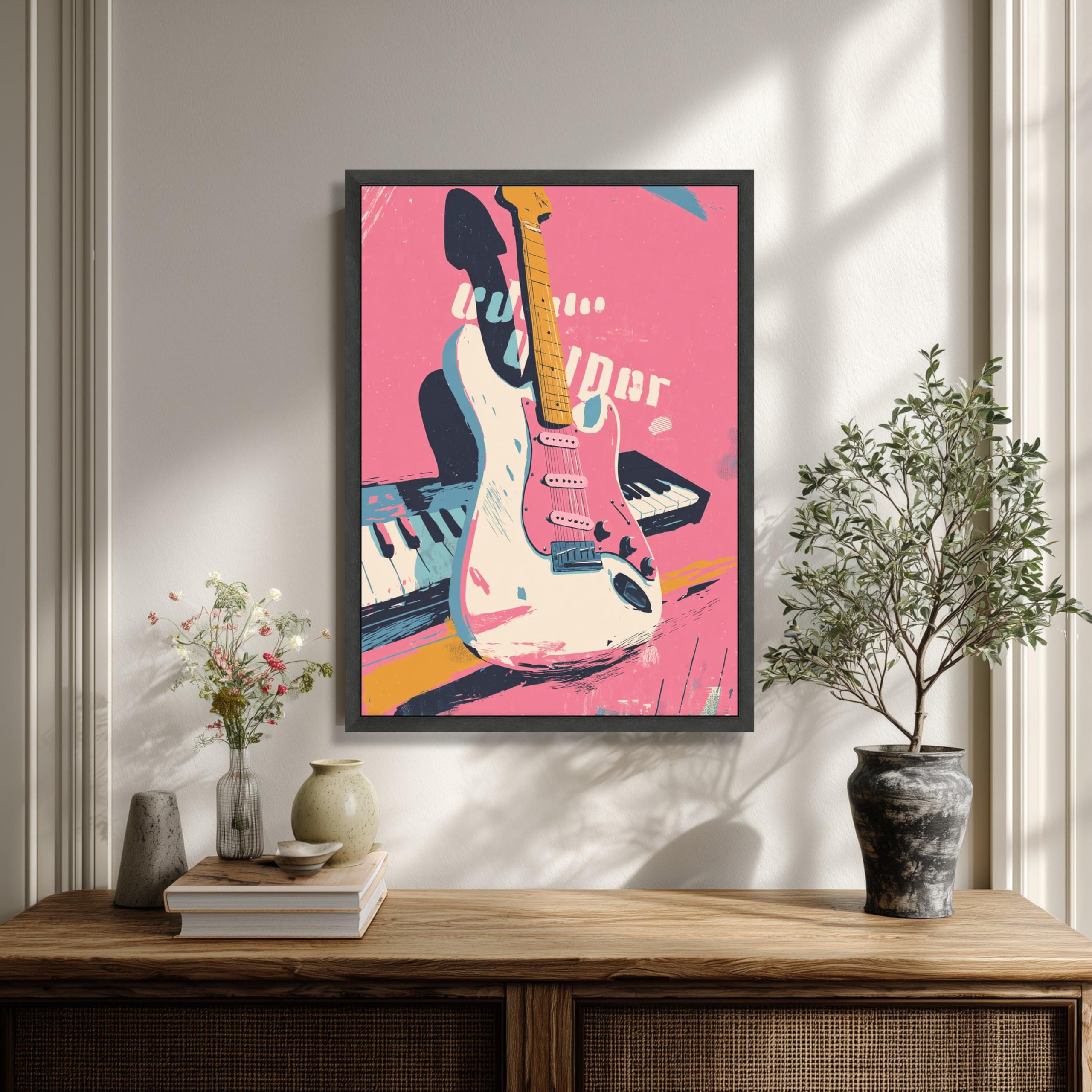 XINBAO Vintage gitara retro fortepian sztuka ścienna ilustracja instrument muzyczny różowe tło dekoracja muzyczna (50 x 75 cm / wewnętrzna rama)