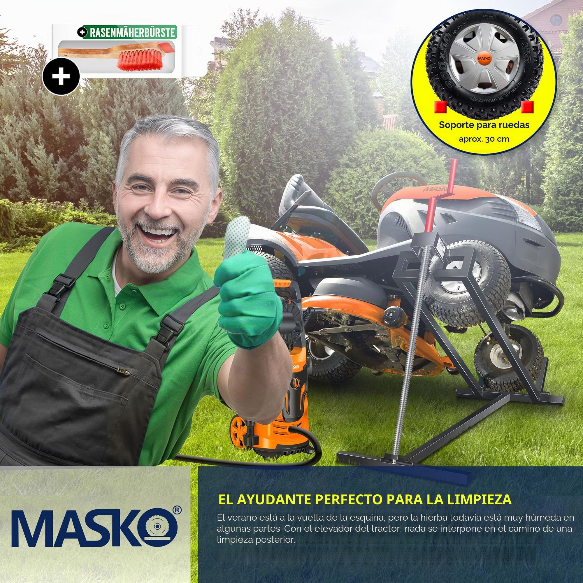 MASKO® Elevador para Tractores de Césped XXL 400 kg Plataforma Elevadora Levantador Cortacésped de Asiento Ayuda para Limpieza Universal +45° de Inclinación Ajustable Incluye Guantes de Trabajo Negro