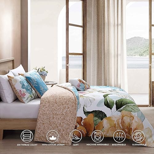 Miniatura 2 de Bebejan Maia - Juego de edredón de 5 piezas 100% algodón, relleno de poliéster, reversible, blanco, azul, rubor, estampado floral terracota, 1