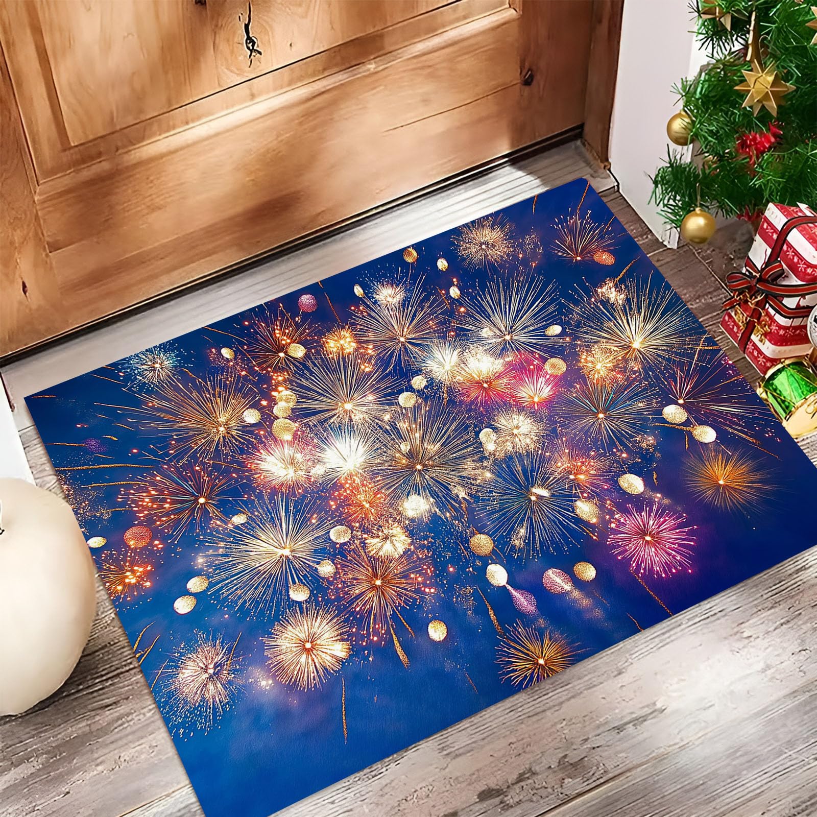 Paillasson Bienvenue Intérieur Lavable 80x120 cm Bleu Marine et Or pour Entrée