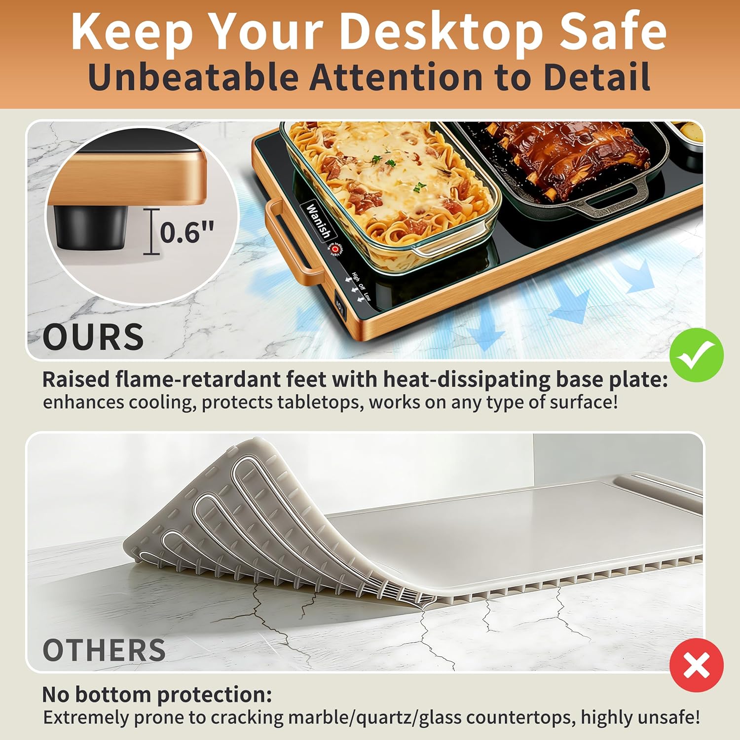 Electric Warming Tray (L 32x12)，Food Warmers for Parties Buffet with Thermostat & Full Surface Heating, Tempered Glass Warming Mat for Food, Temperature Adjustable Gold Handles Food Warming Mat