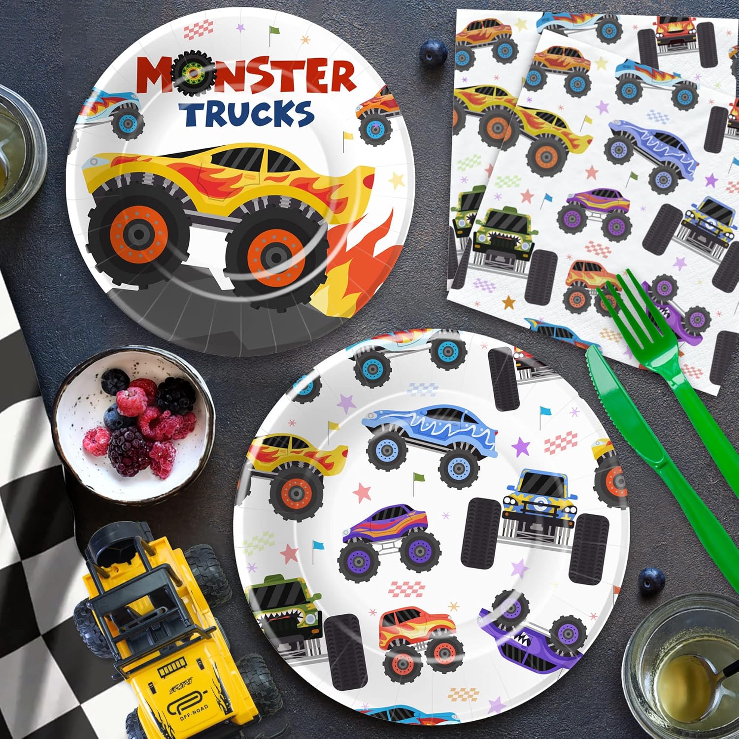 APOWBLS Monster Truck Birthday Party Supplies, Monster Theme Jam Party Decorations Tableware, Plate, Napkin, Tablecloth, Fork, Monster Truck Birthday Plate And Napkin Decorations Dinnerware | Serve 24 - Image 7