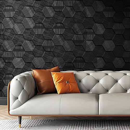 Vista 12 de Simon&Siff Papel tapiz con textura negra hexagonal en relieve 3D, 17.3 pulgadas x 19.7 pies, no tejido, tradicional, para dormitorio, baño, paredes