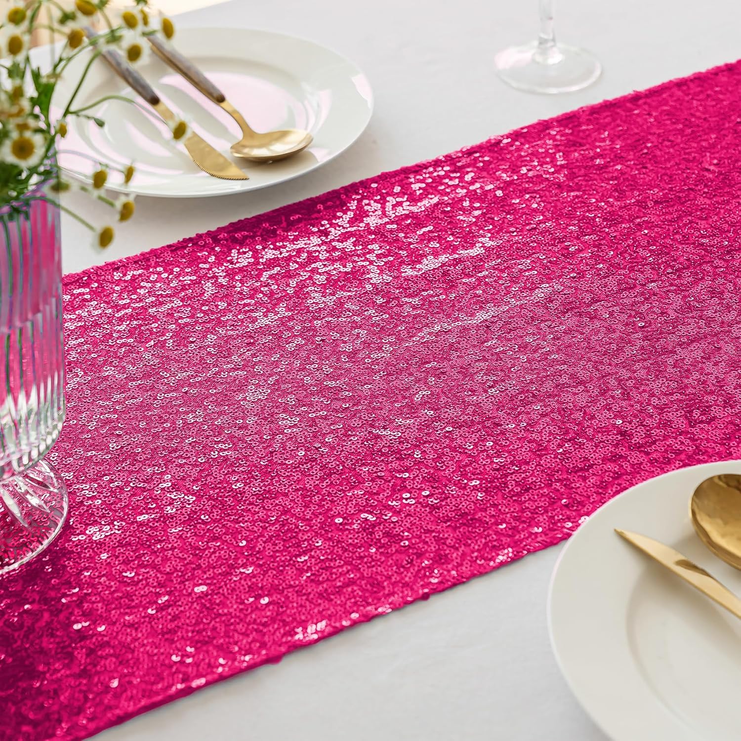 yourose Sequin Table Runner Hot Pink,1 Pack 12 x 72 Glitter