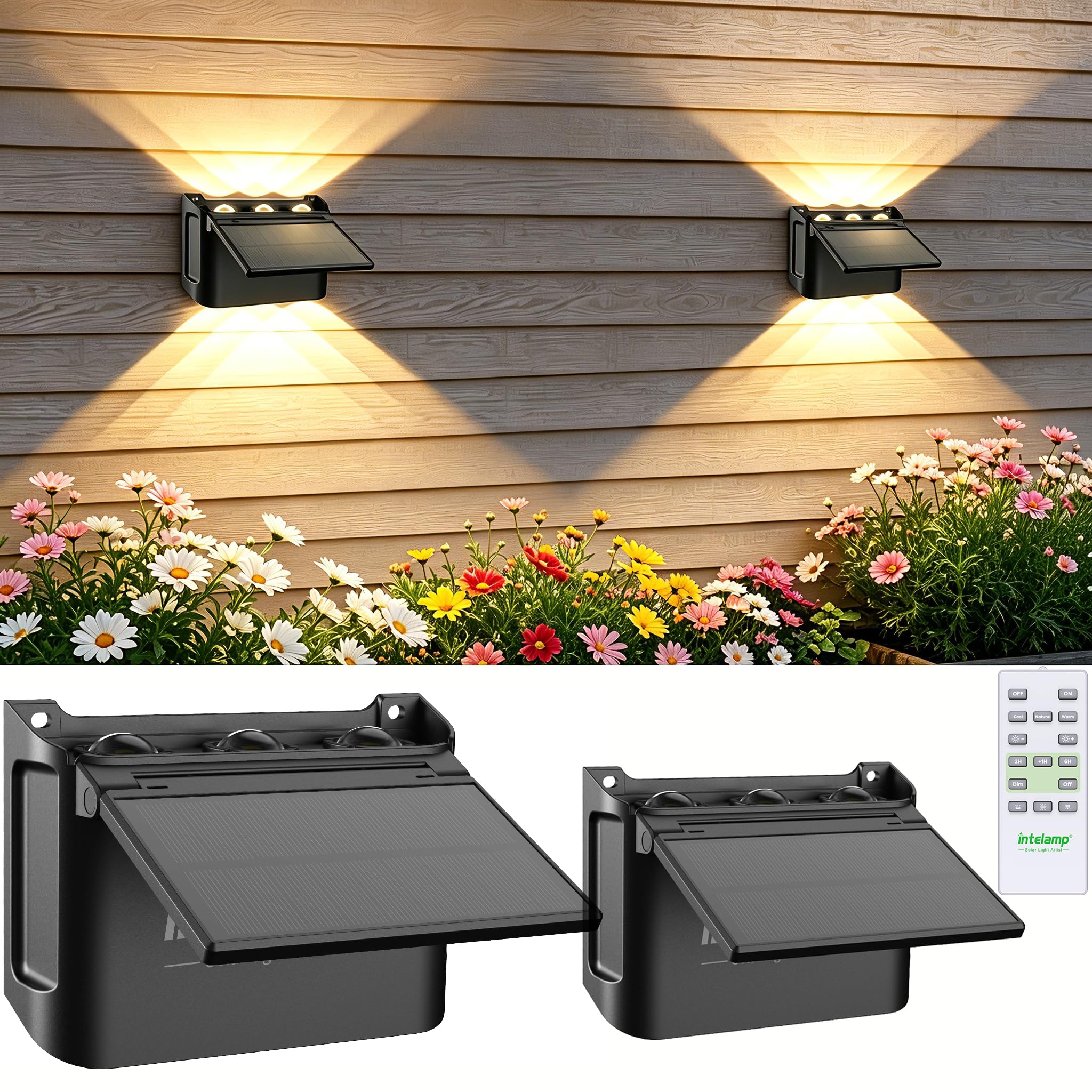 INTELAMP Lampada da parete solare per esterni, lampada da parete solare con telecomando, lampada da parete UP Down, IP67, impermeabile, per giardino, balcone, terrazza, scale, 3 colori di luce (bianco