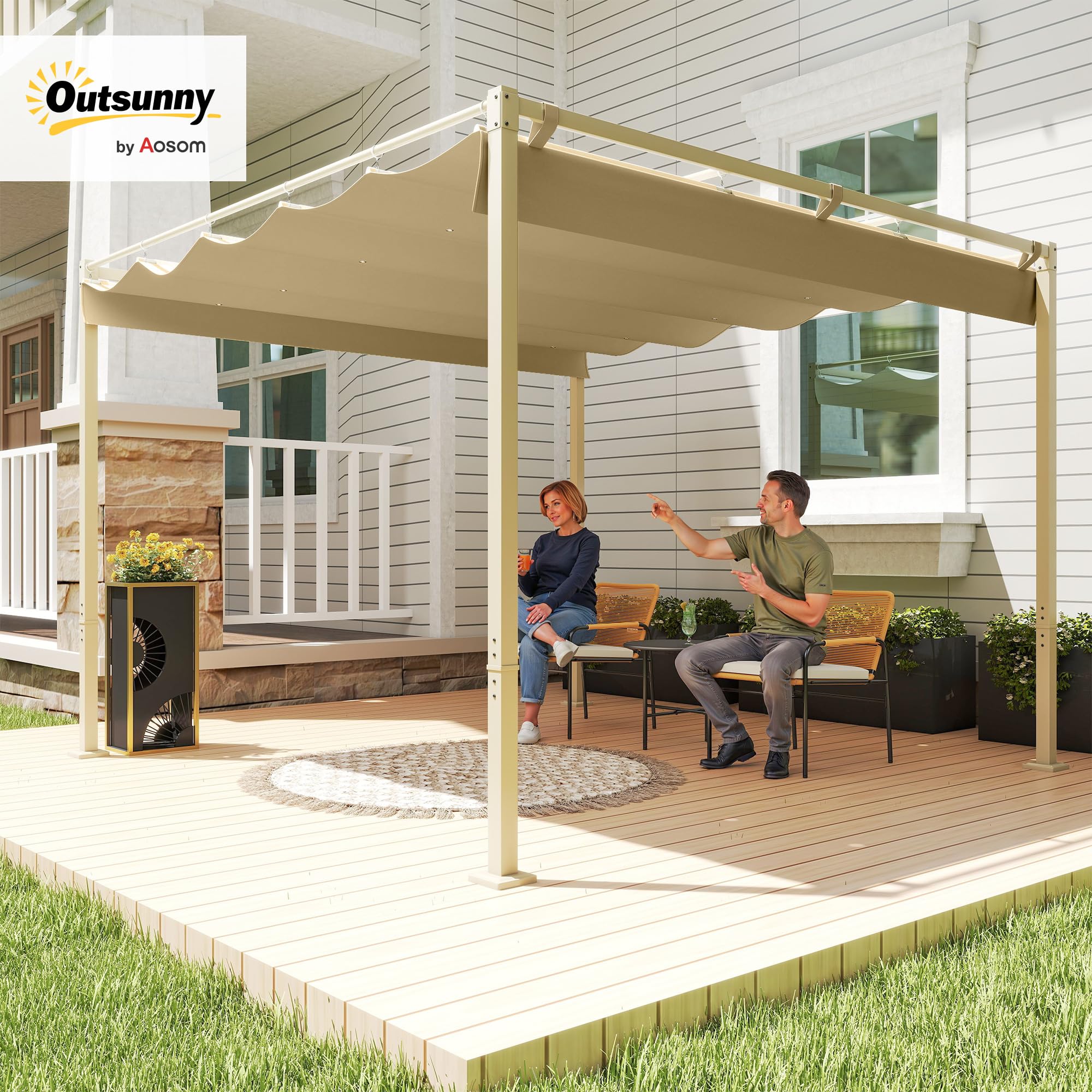 Outsunny Pérgola con Techo Retráctil Pérgola de 3x3 m Cenador de Pared o Independiente con Cierre Magnético Protección UV30+ Pabellón para Jardín Patio Terraza Exterior Caqui