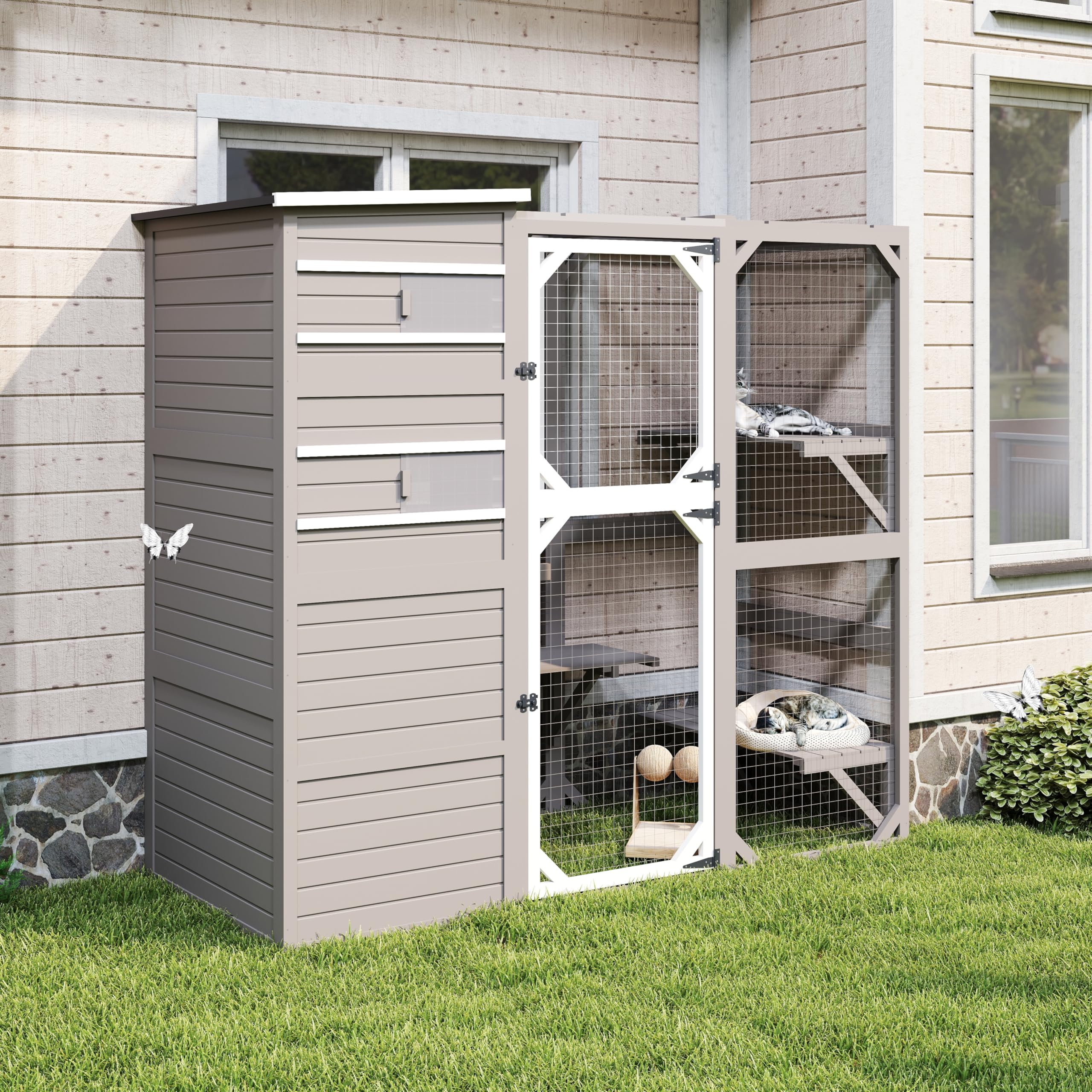 71" H Large Catio Outdoor Cat Enclosure, Walk-in Catio Cat Patio Weatherproof Attached Window for Multiple Cats, Semi-Enclosed Kitty Condo Enclosure Outside with Asphalt and UV Protection Roofs