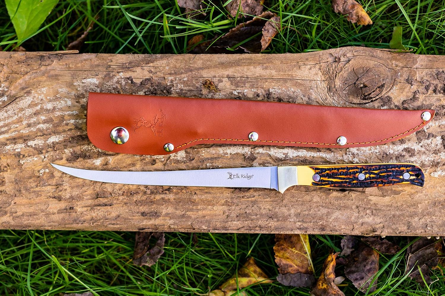 Elk Ridge 7.5 in Fillet Knife, 440 Stainless, Jig Bone Handle, Leather Sheath, photo 2 of 10