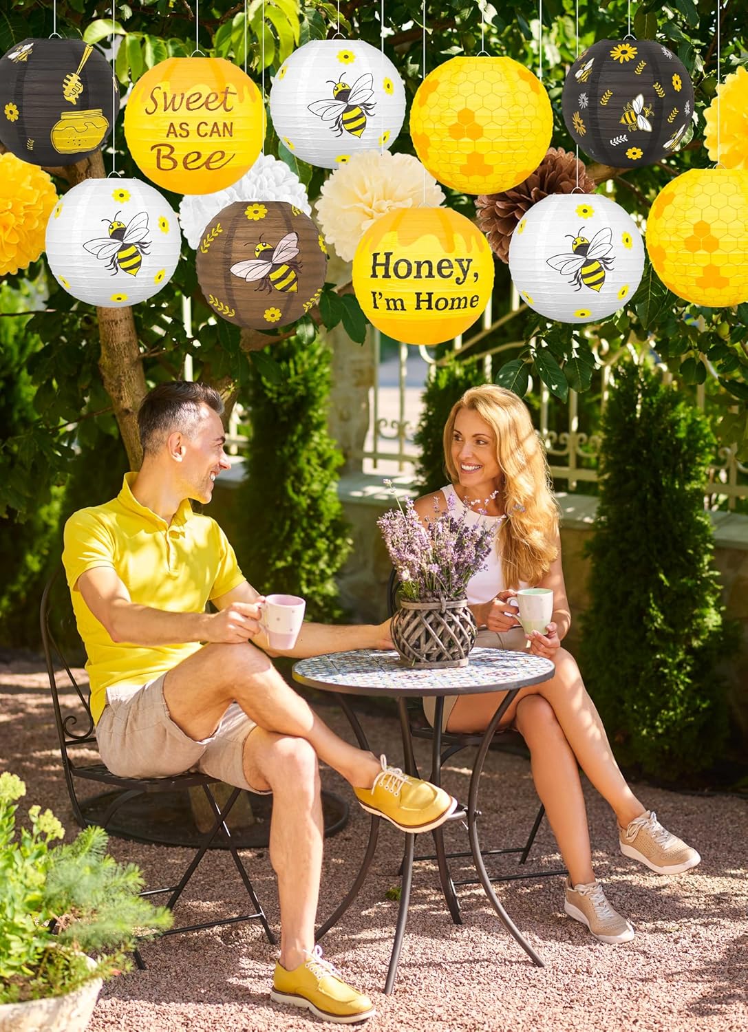 15Pcs Bee Party Decorations Hanging Paper Lanterns Tissue Pom Pom - Bees Themed Decor for Home Birthday Outdoor Indoor