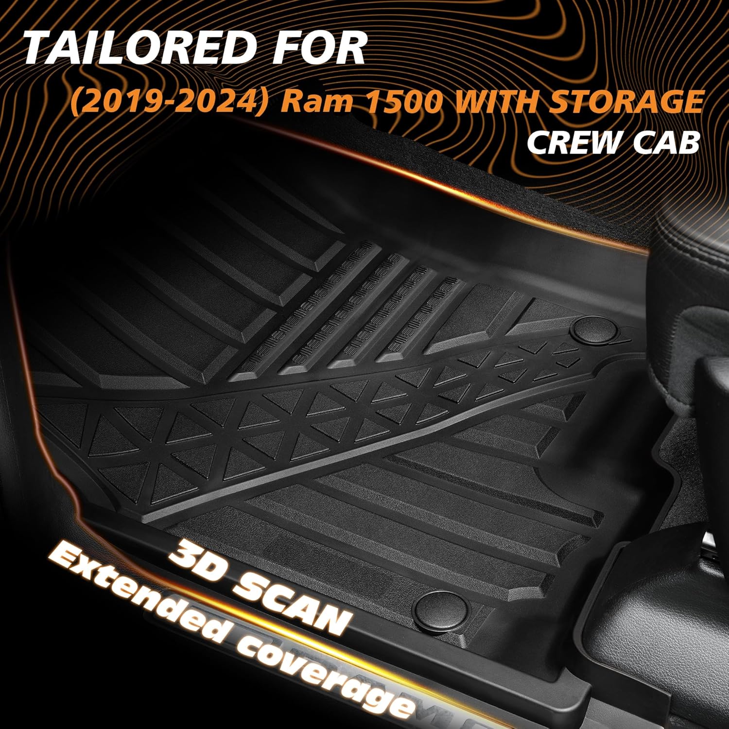 Floor Mats for 2019-2024 Dodge Ram 1500 Crew Cab with Storage | Custom Fit | Front & Rear | Front Bucket |All-Weather Car Liners for Trucks