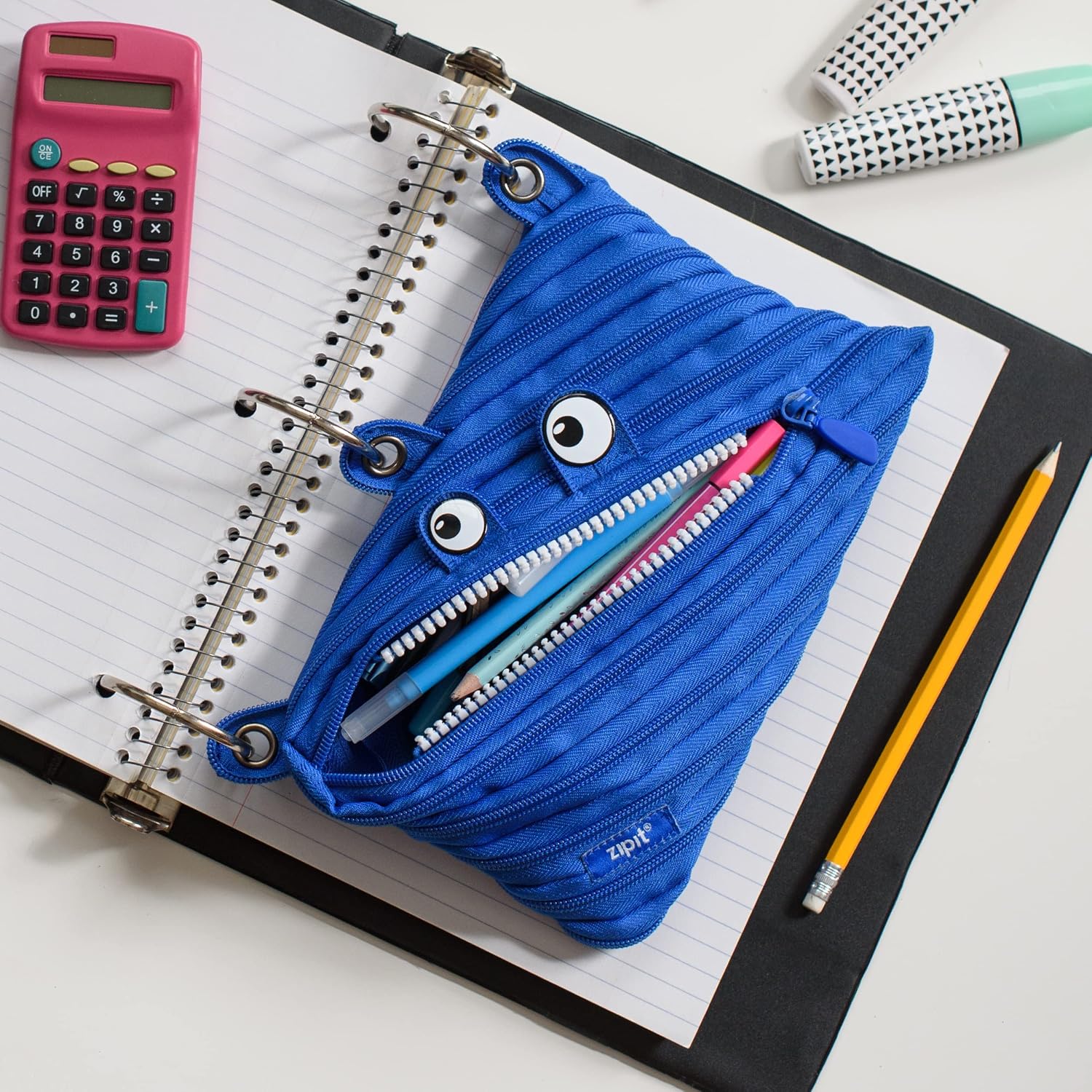 ZIPIT Monster Pencil Case for Kids, Cute 3-Ring Binder Pouch for Boys ,Blue