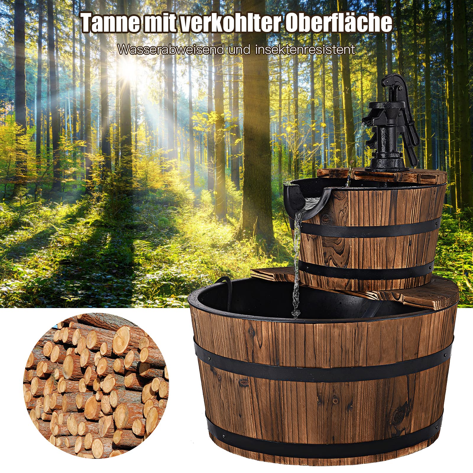 GOPLUS Gartenbrunnen mit Hochleistungspumpe, Springbrunnen aus Tannenholz, Wasserspiel im Freien für Garten, Terrasse, Rasen, Geschlossener Wasserkreislauf, 44,5 x 44,5 x 61cm