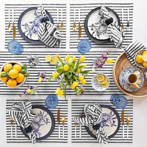 Miniatura 3 de Solino Home Camino de mesa de lino de 120 pulgadas de largo, rayas Amalfi, 100% lino puro en blanco y negro, camino de mesa de granja de 16 x 120