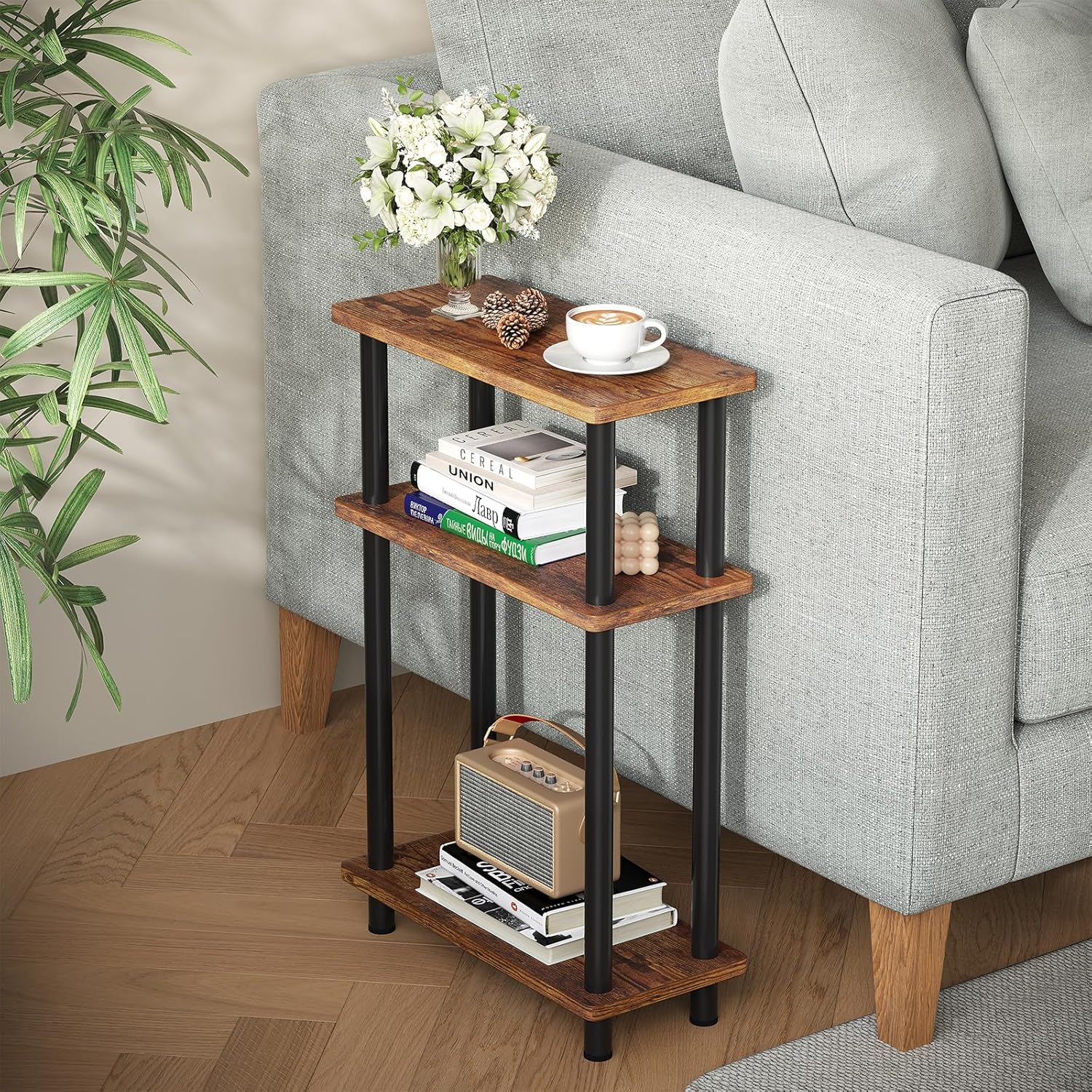 Apicizon Small Narrow Side Table, 3-Tier Skinny End Table for Small Spaces, Slim Nightstand with Storage Shelf, Bedside Table for Living Room, Bedroom, Rustic Brown and Black Rustic Brown and Black Narrow Side Table
