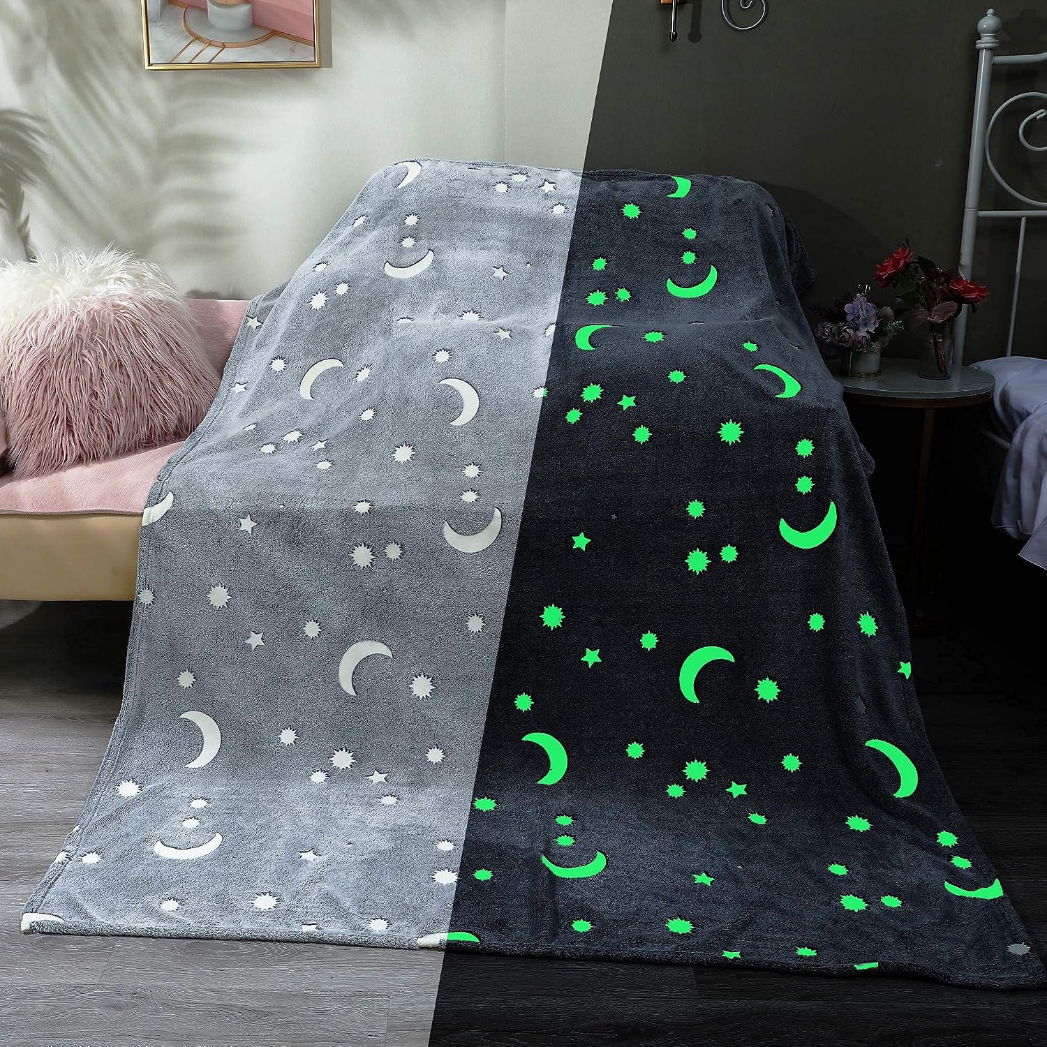 talever Glow in The Dark Blanket Sun and Moon Appear at The Same time (with Breathtaking Green Fluorescence) Very Shiny Throw Blanket for Kids 60x80 inches