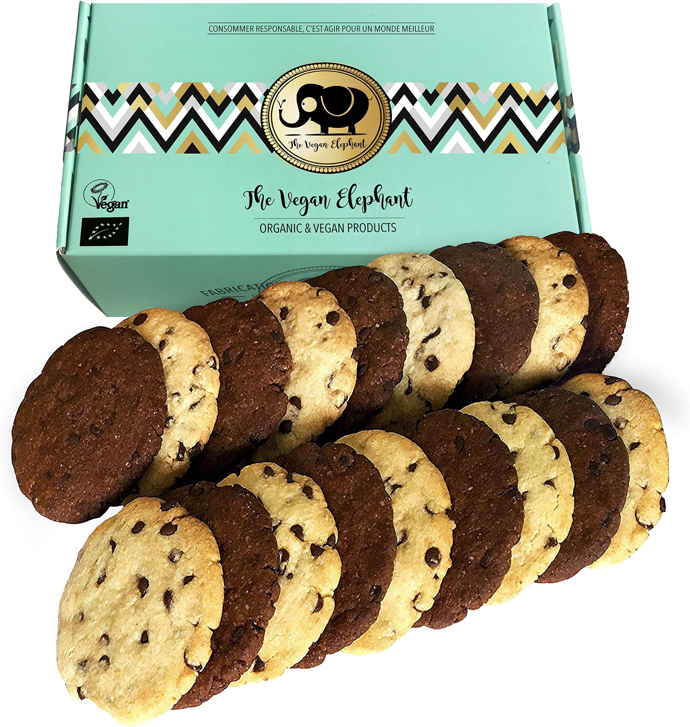 Organic & Vegan Cookies: 17 Large Vanilla Chocolate Chip and Double Chocolate Chip Cookies. 595g (Pack of 2)