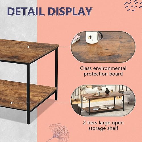 Miniatura 5 de SENIG Mesa auxiliar de 2 niveles con estante de almacenamiento para espacios vitales, madera rectangular marrón y mesa auxiliar de metal resistente,