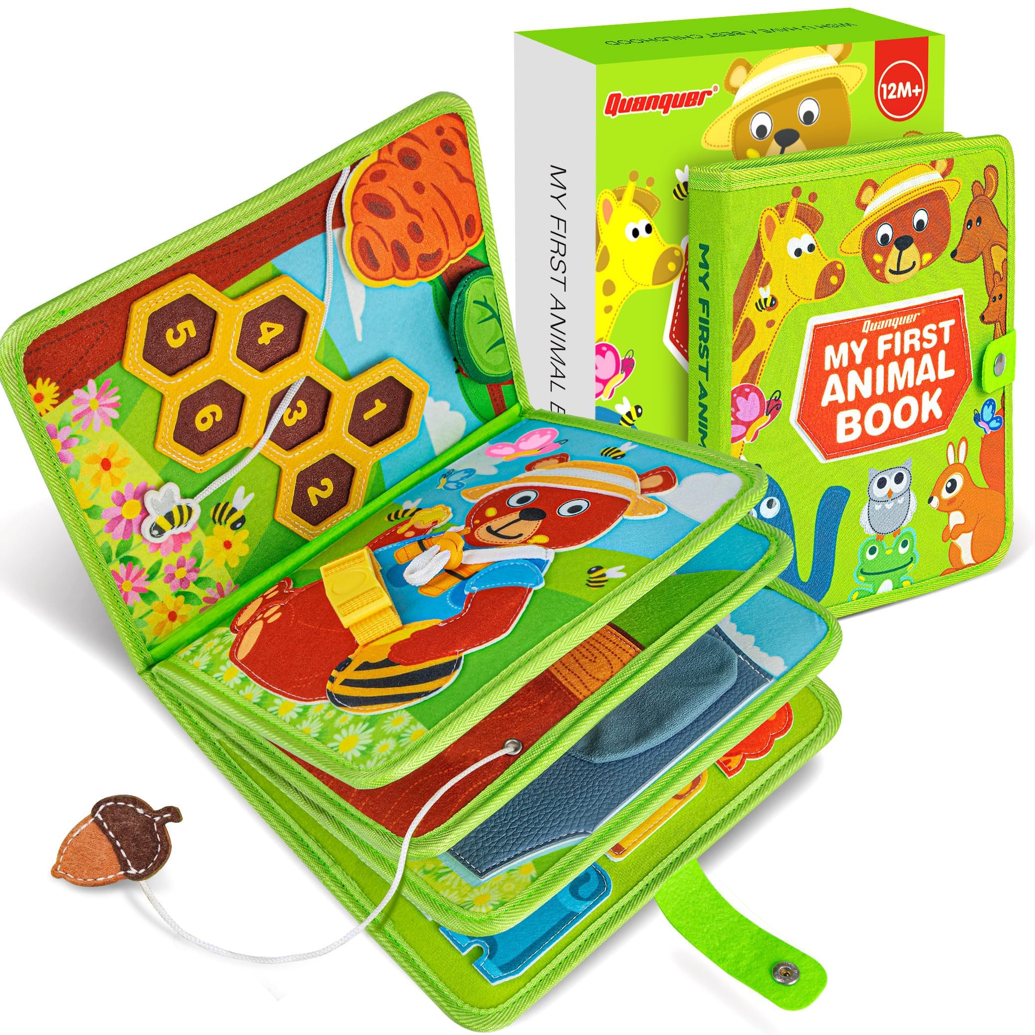 Quanquer Animal Busy Board Montessori Giocattoli per Neonati 1 2 3 Anni - Activity Book per Neonati Ragazzi Ragazze Regalo di Compleanno con Scatola Regalo - Aereo Auto Viaggio Quiet Book Giocattolo