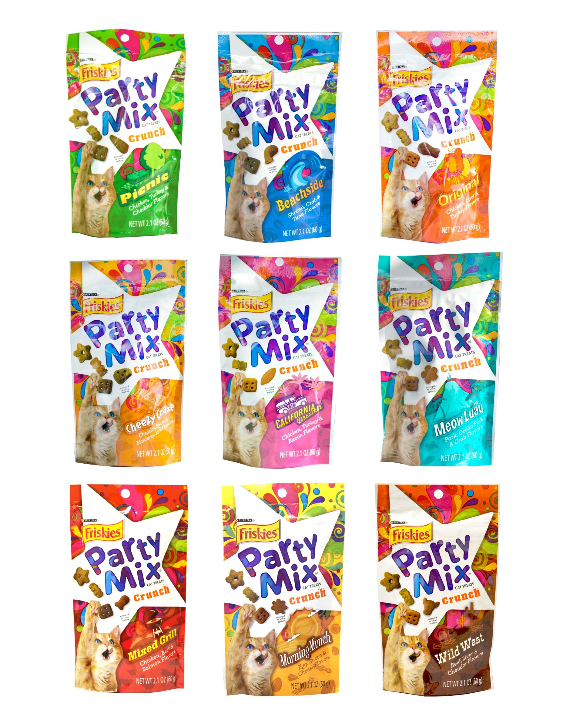 Friskies Party Mix Crunch Variety Pack (9 Flavors) - Wild West, Morning Munch, Mixed Grill, Picnic, Beachside, Cheezy Craze, Original, California Dreamin', and Meow Luau